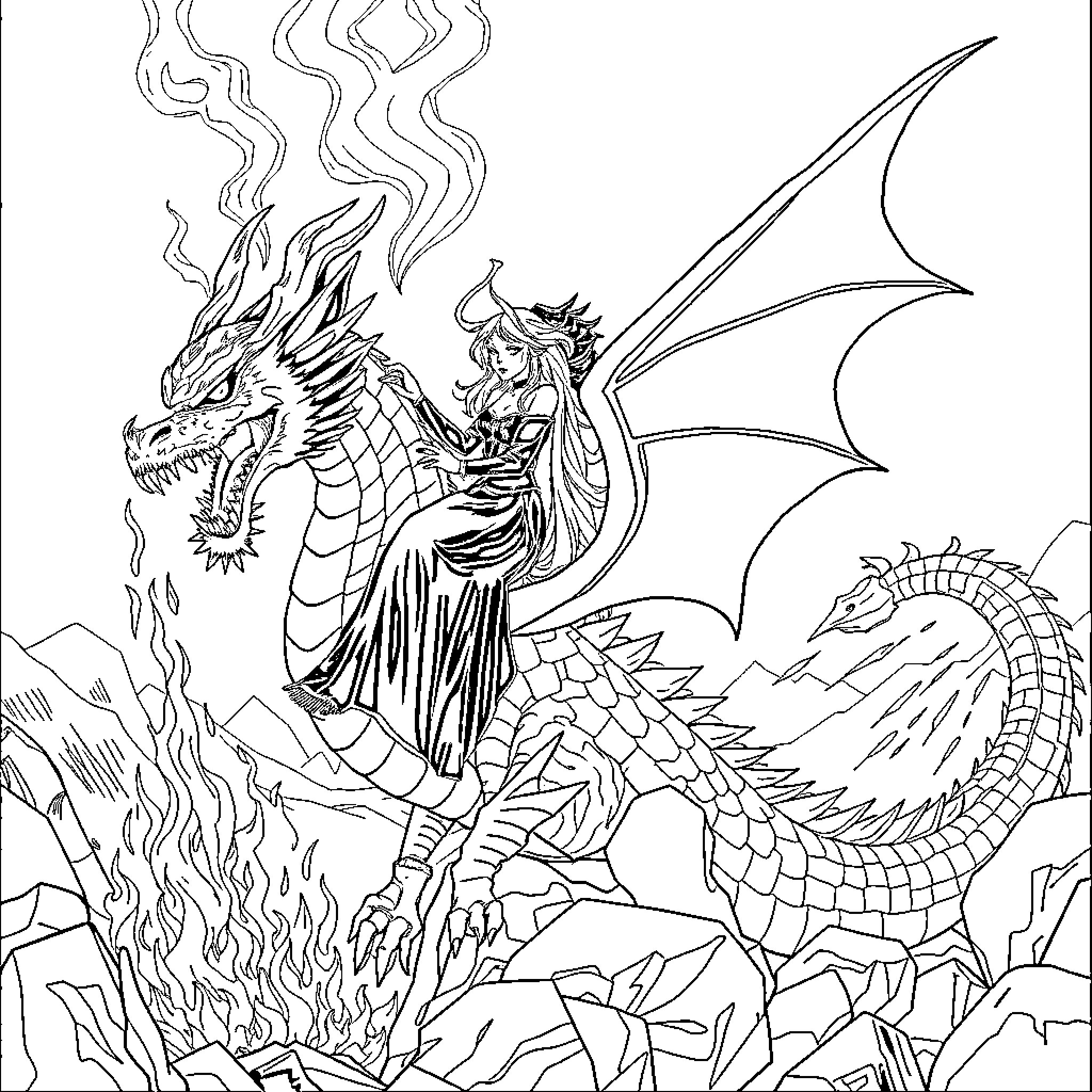 Sorcière riding a majestic dragon in a fantastical landscape Coloring Page (free black-and-white line drawing printable PDF for all, from beginners to advanced learners, including children, teens, adults, and seniors)