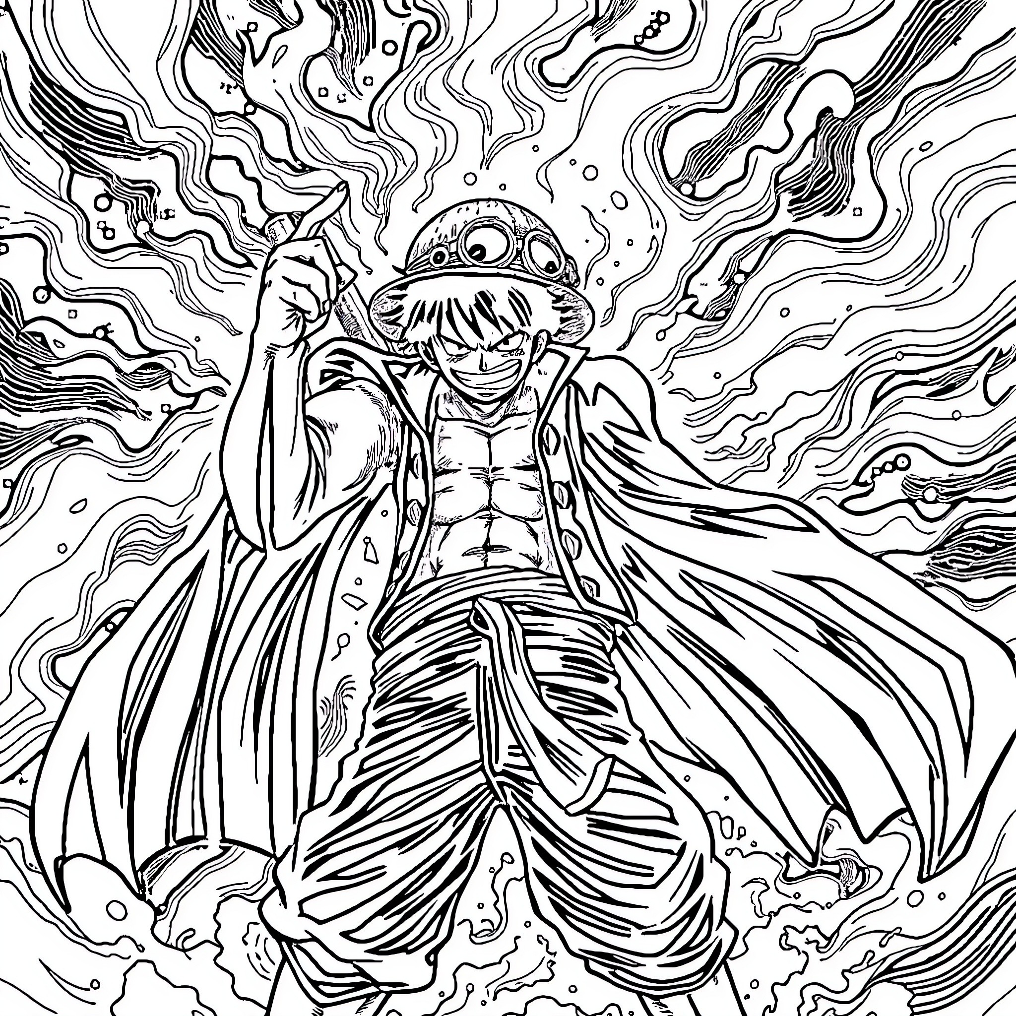 Luffy's Powerful Transformation in the Swirling Chaos Coloring Page (free black-and-white line drawing printable PDF for all, from beginners to advanced learners, including children, teens, adults, and seniors)