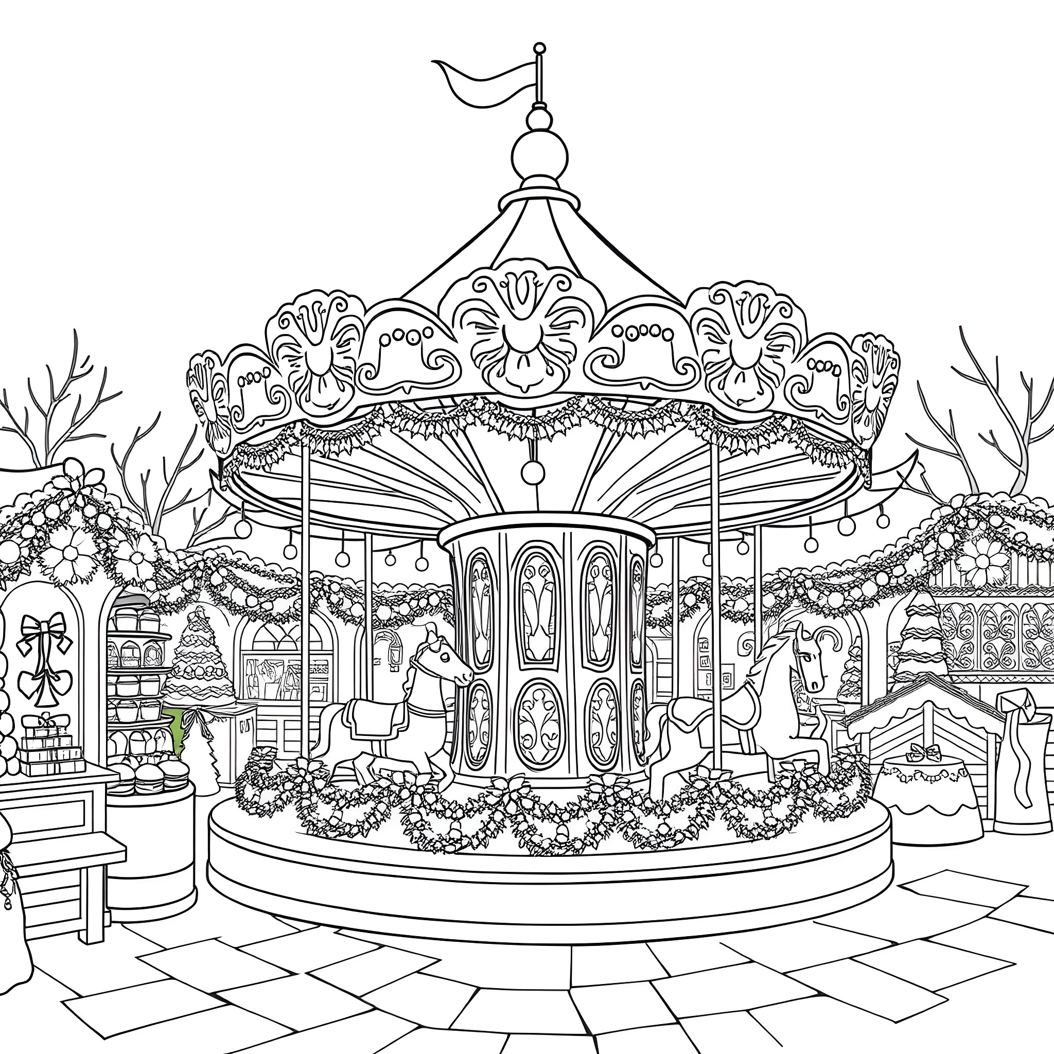 Christmas Market with Decorated Carousel and Festive Decorations Coloring Page (free black-and-white line drawing printable PDF for all, from beginners to advanced learners, including children, teens, adults, and seniors)