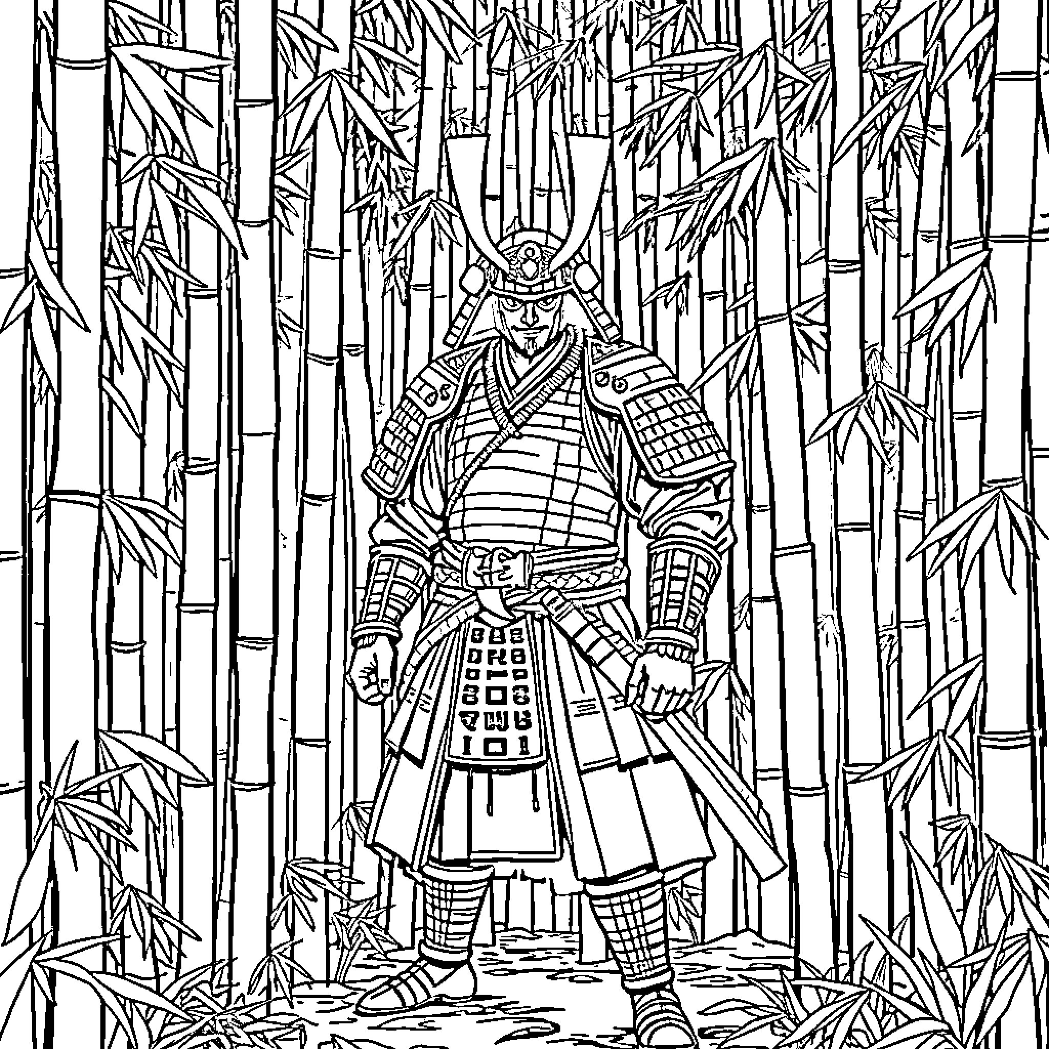 Samurai warrior standing guard in bamboo forest Coloring Page (free black-and-white line drawing printable PDF for all, from beginners to advanced learners, including children, teens, adults, and seniors)