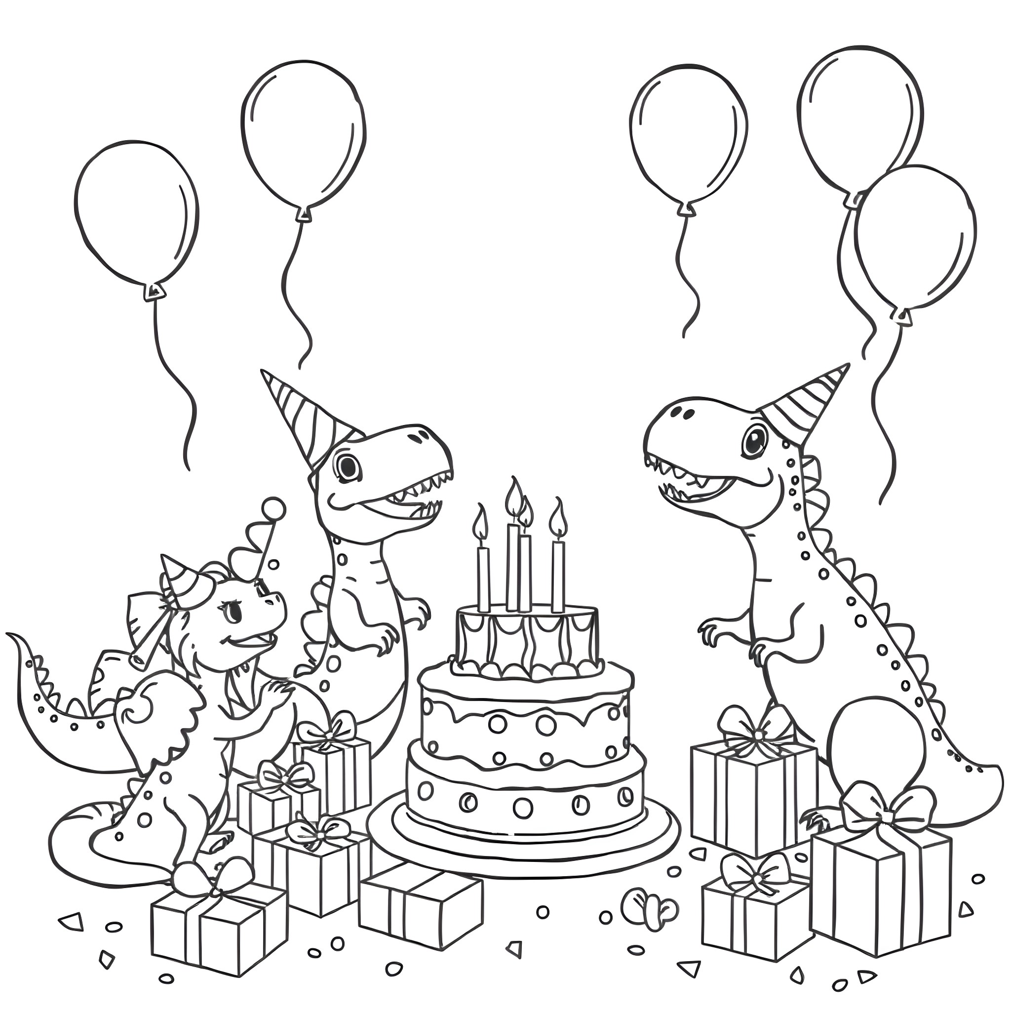 Dinosaurs celebrating a birthday party with balloons Coloring Page (free black-and-white line drawing printable PDF for all, from beginners to advanced learners, including children, teens, adults, and seniors)