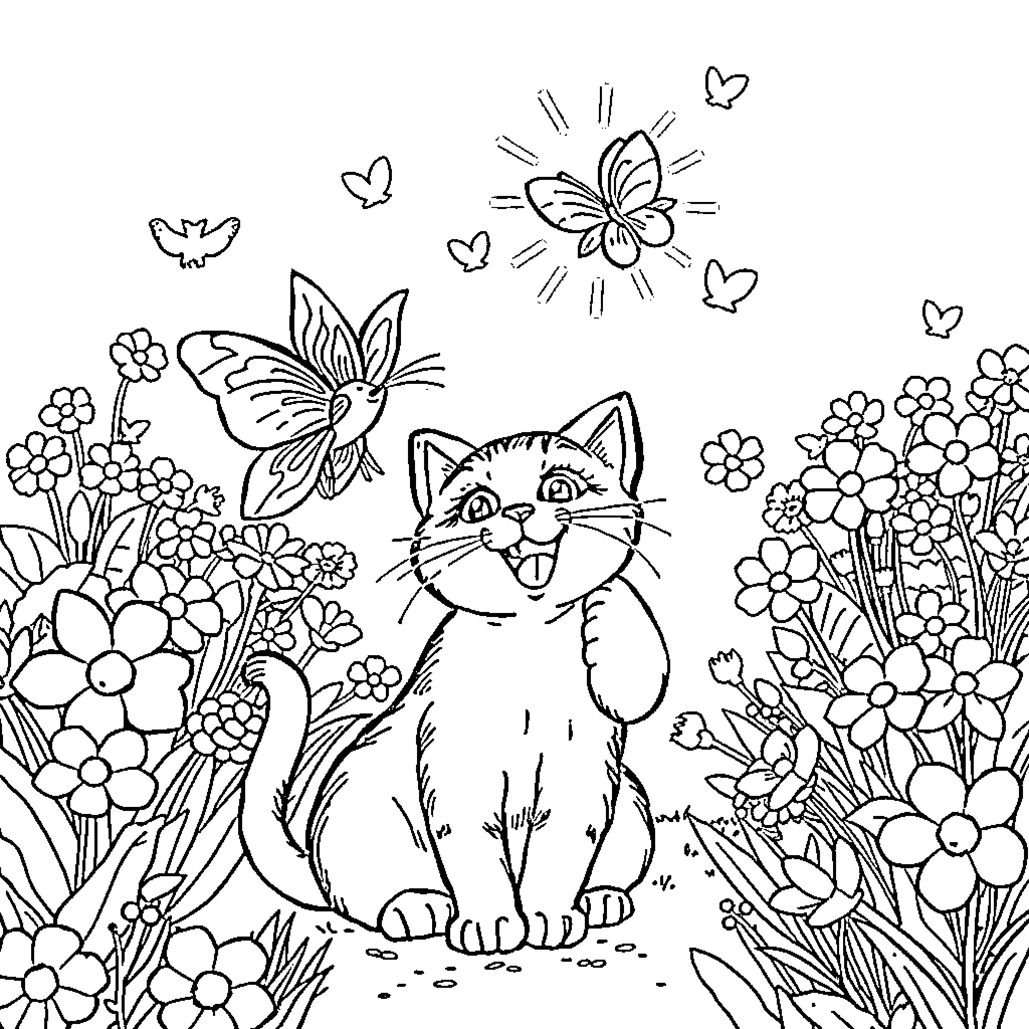 Cat amidst colorful flowers and butterflies Coloring Page (free black-and-white line drawing printable PDF for all, from beginners to advanced learners, including children, teens, adults, and seniors)