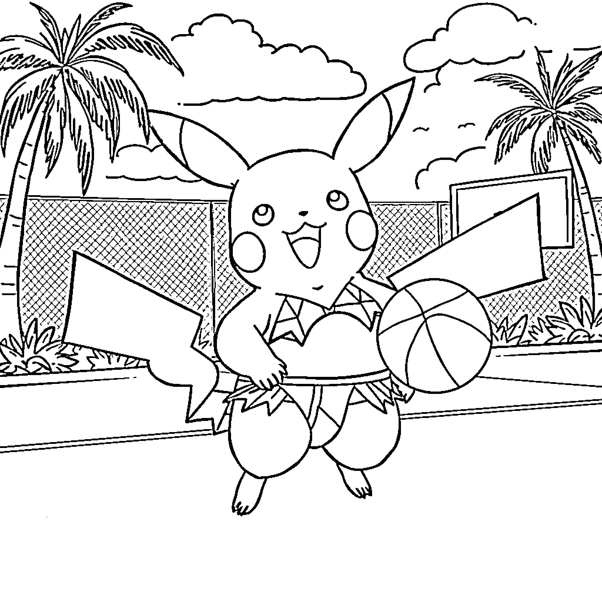 Pikachu enjoying a sunny day at the beach Coloring Page (free black-and-white line drawing printable PDF for all, from beginners to advanced learners, including children, teens, adults, and seniors)