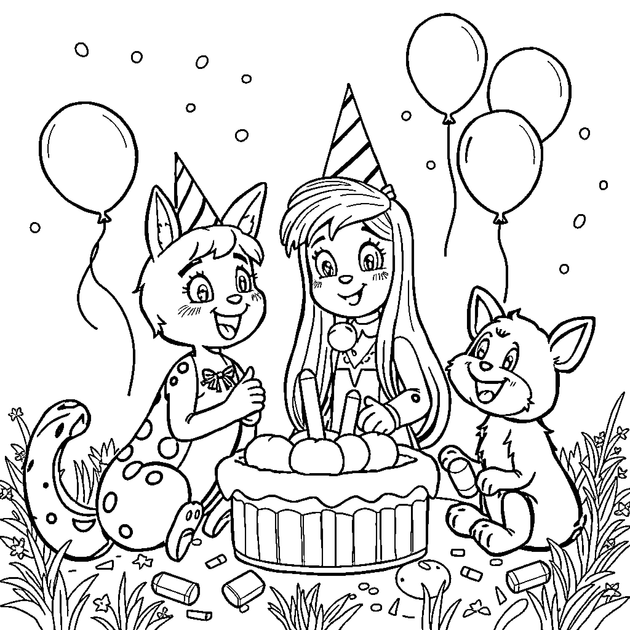 Huntrix's Festive Birthday Celebration with Animal Friends Coloring Page (free black-and-white line drawing printable PDF for all, from beginners to advanced learners, including children, teens, adults, and seniors)