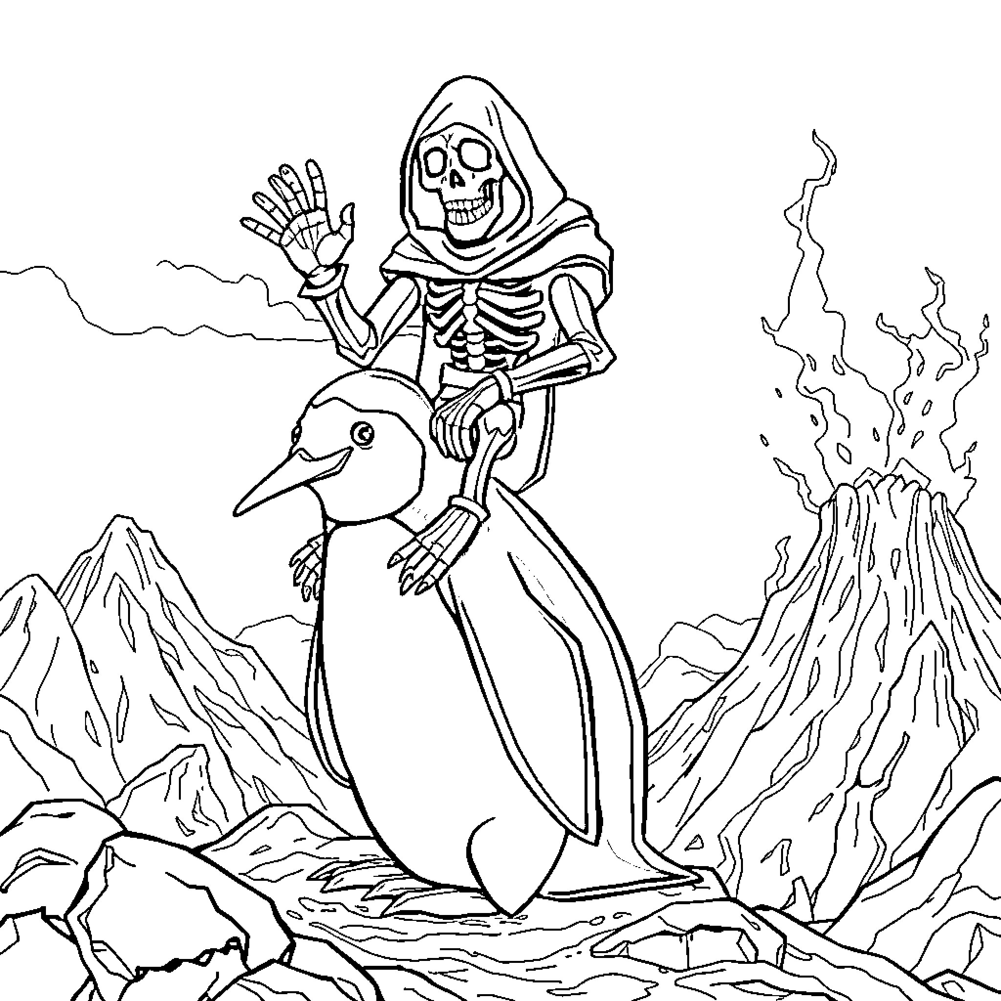 Skeletor riding a penguin through a volcanic landscape Coloring Page (free black-and-white line drawing printable PDF for all, from beginners to advanced learners, including children, teens, adults, and seniors)