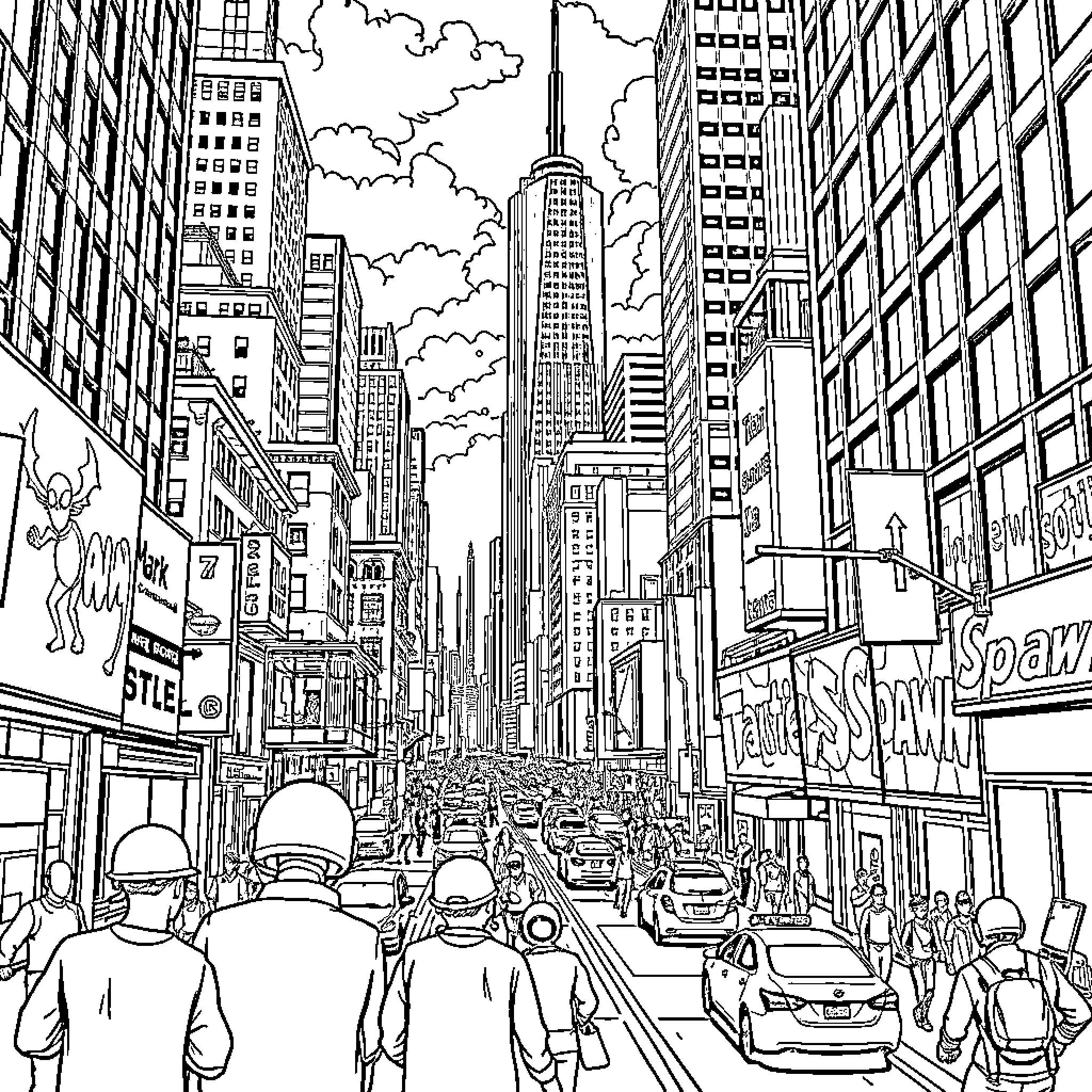 Spawn of the bustling city streets Coloring Page (free black-and-white line drawing printable PDF for all, from beginners to advanced learners, including children, teens, adults, and seniors)
