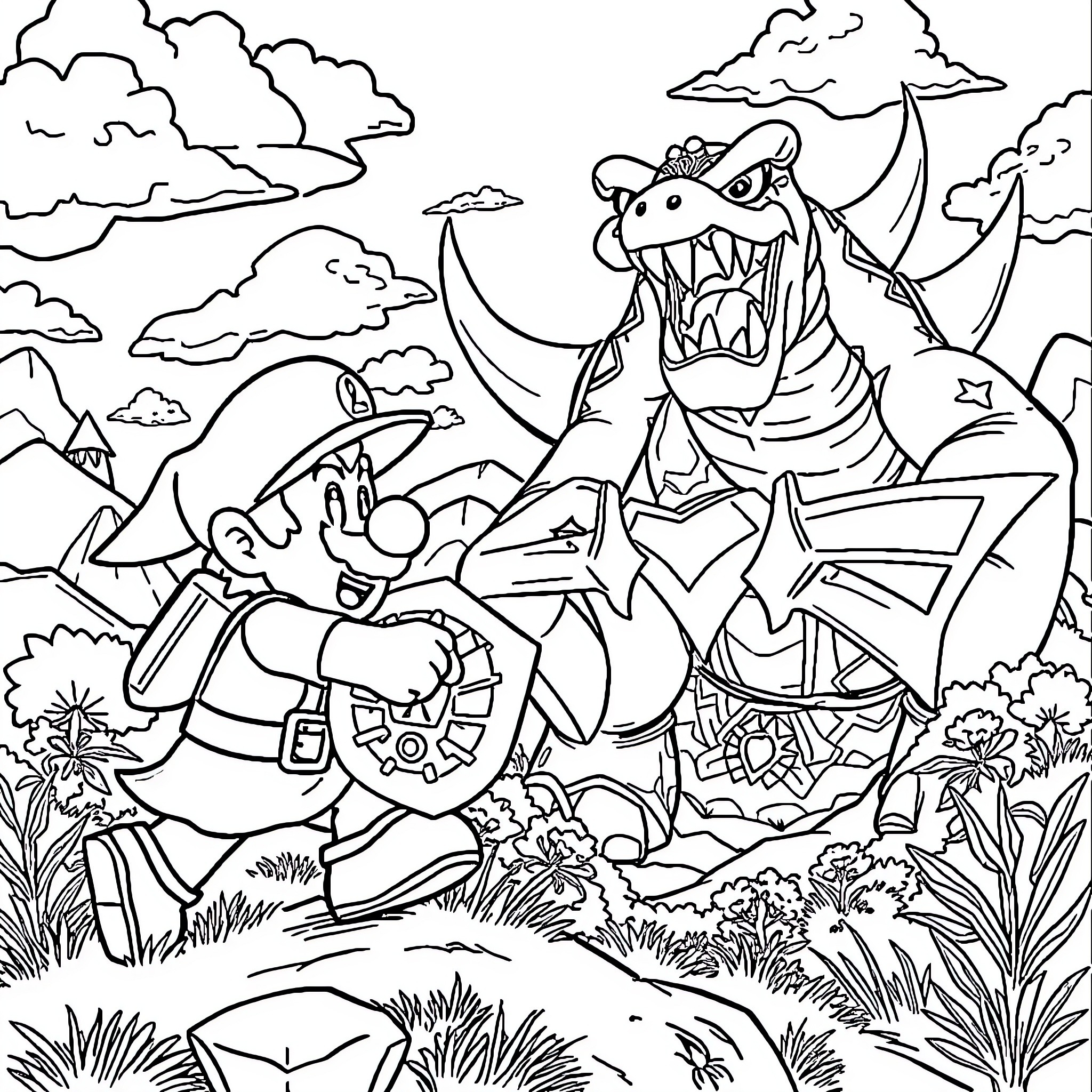 Mario Battling Fearsome Dragon in Fantasy Landscape Coloring Page (free black-and-white line drawing printable PDF for all, from beginners to advanced learners, including children, teens, adults, and seniors)