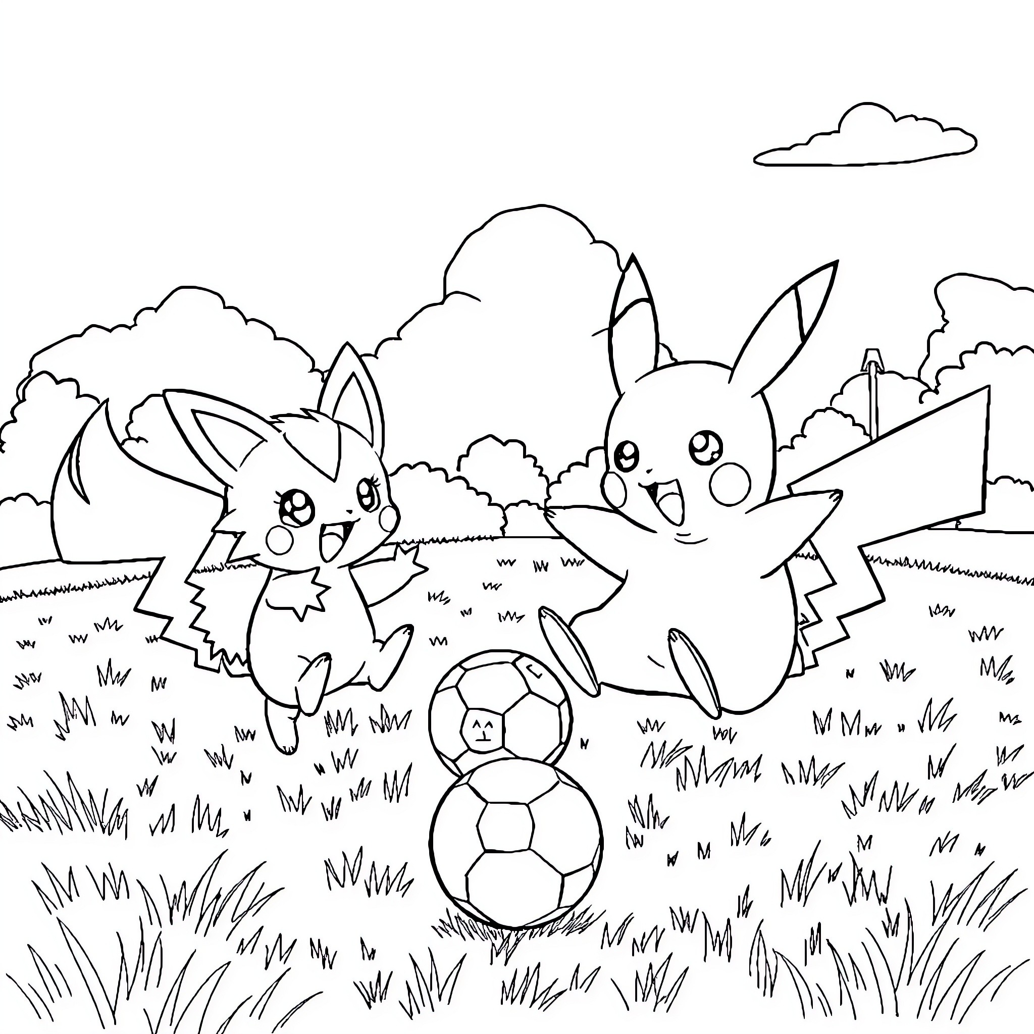 Pikachu and friends playing soccer in the park Coloring Page (free black-and-white line drawing printable PDF for all, from beginners to advanced learners, including children, teens, adults, and seniors)
