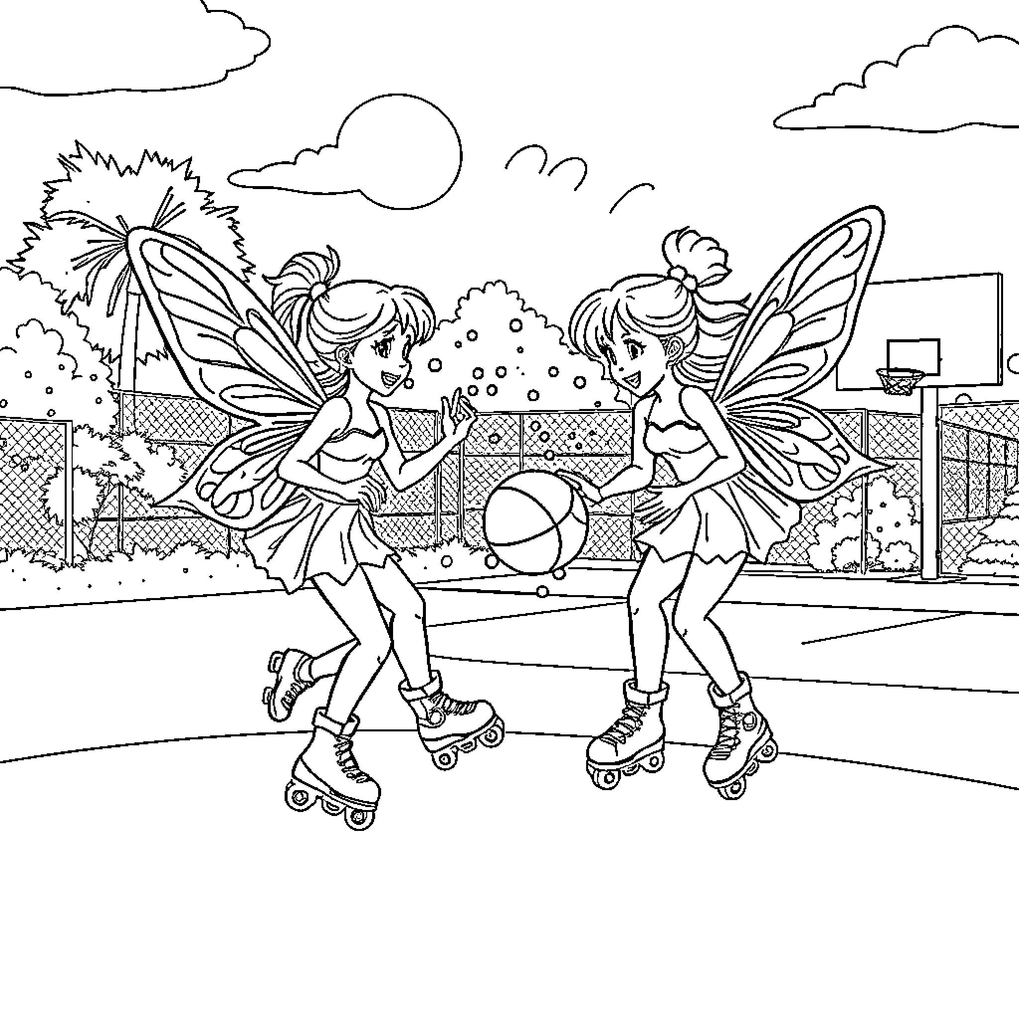 Fairy Roller Skating Fun in the Park Coloring Page (free black-and-white line drawing printable PDF for all, from beginners to advanced learners, including children, teens, adults, and seniors)