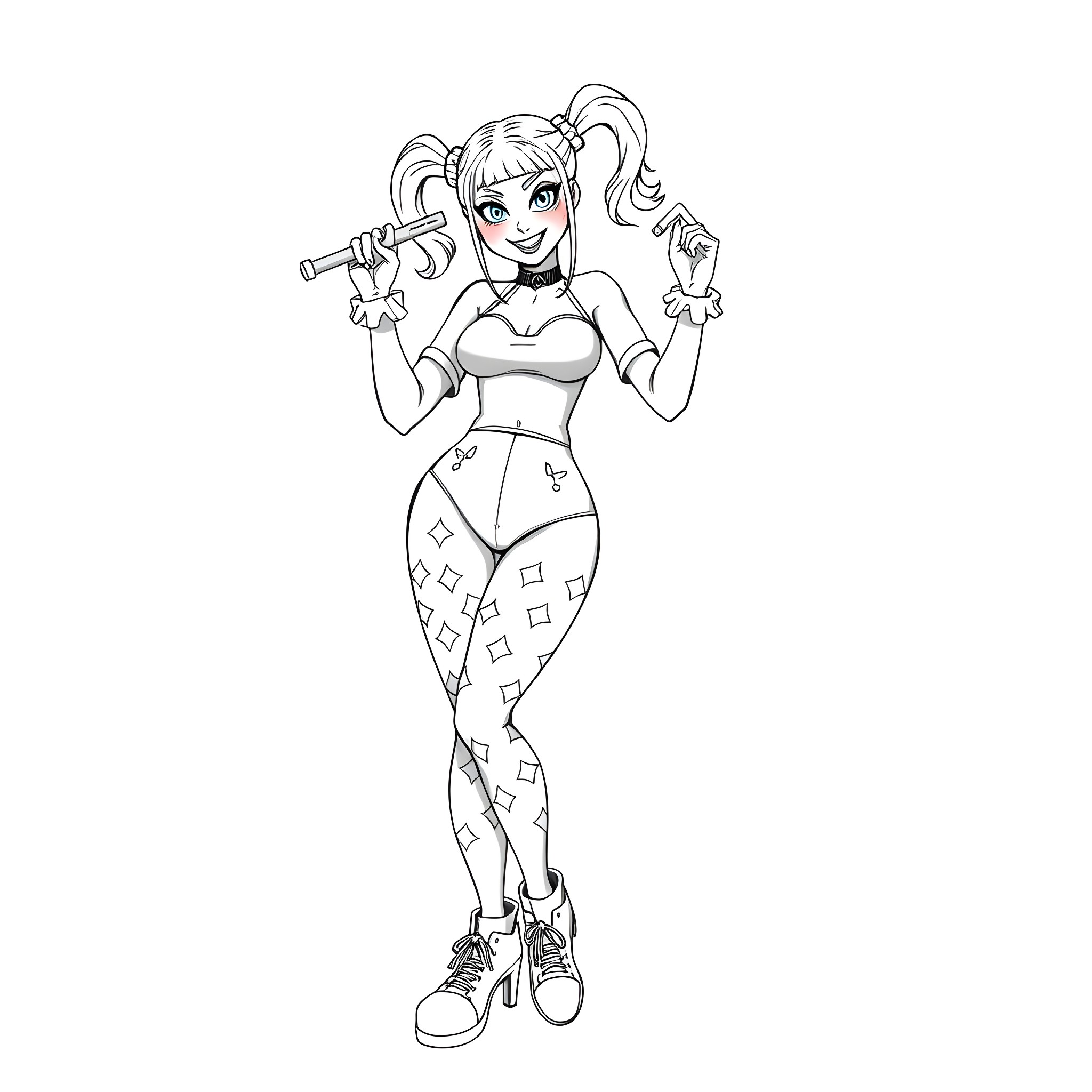 Harley Quinn striking a playful pose Coloring Page (free black-and-white line drawing printable PDF for all, from beginners to advanced learners, including children, teens, adults, and seniors)