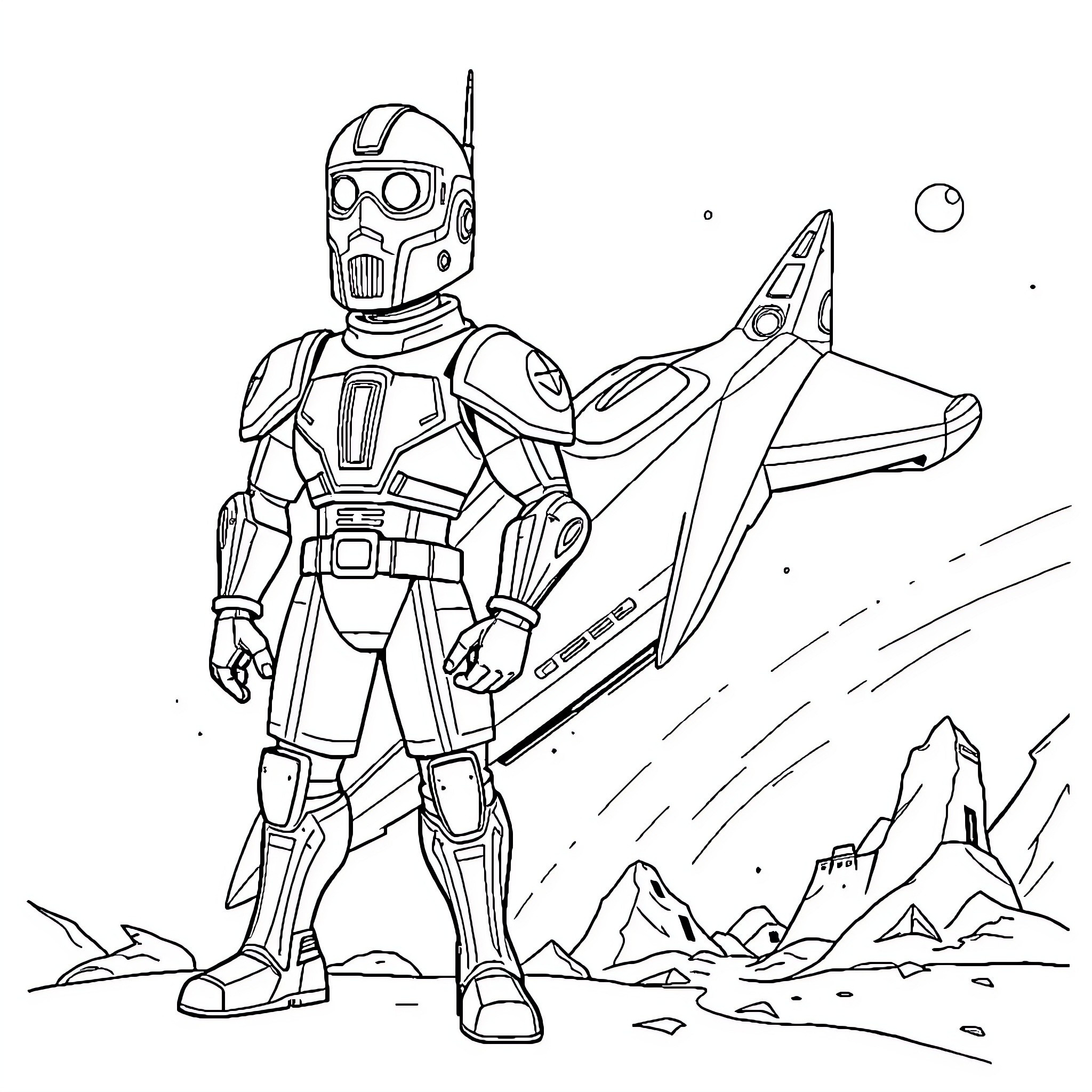Albator, Space Ranger Exploring the Cosmos Coloring Page (free black-and-white line drawing printable PDF for all, from beginners to advanced learners, including children, teens, adults, and seniors)