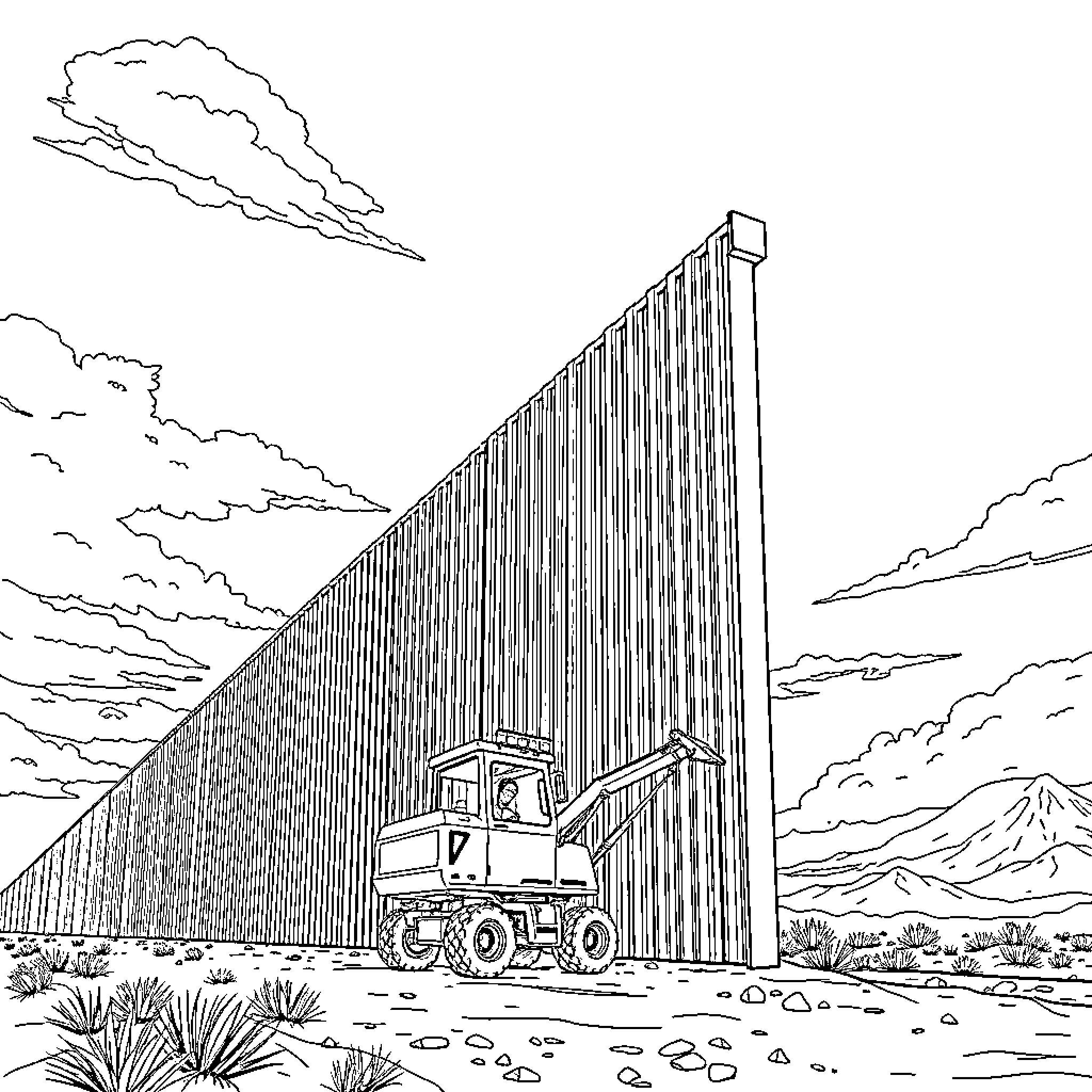Border Wall under Construction in Arid Landscape Coloring Page (free black-and-white line drawing printable PDF for all, from beginners to advanced learners, including children, teens, adults, and seniors)