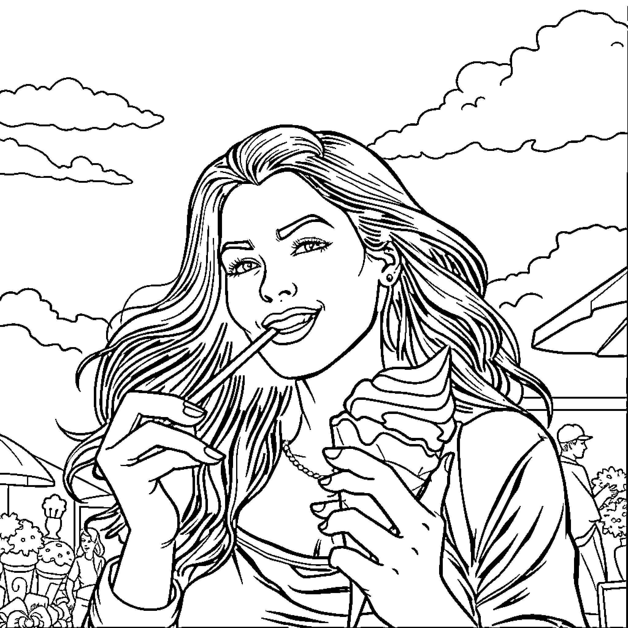 Woman smiling and holding an ice cream cone Coloring Page (free black-and-white line drawing printable PDF for all, from beginners to advanced learners, including children, teens, adults, and seniors)