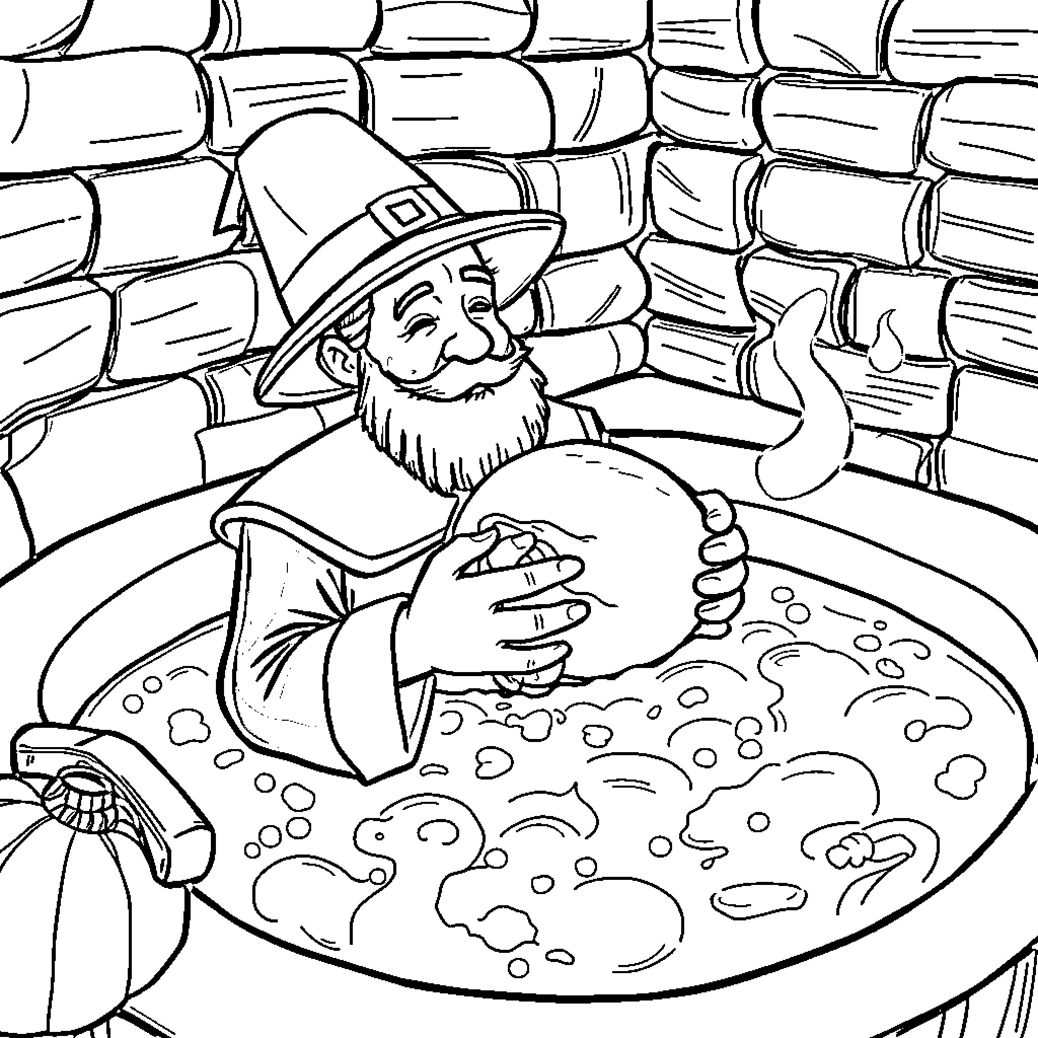 Pilgrim enjoying a bubbling stew in a rustic cabin Coloring Page (free black-and-white line drawing printable PDF for all, from beginners to advanced learners, including children, teens, adults, and seniors)