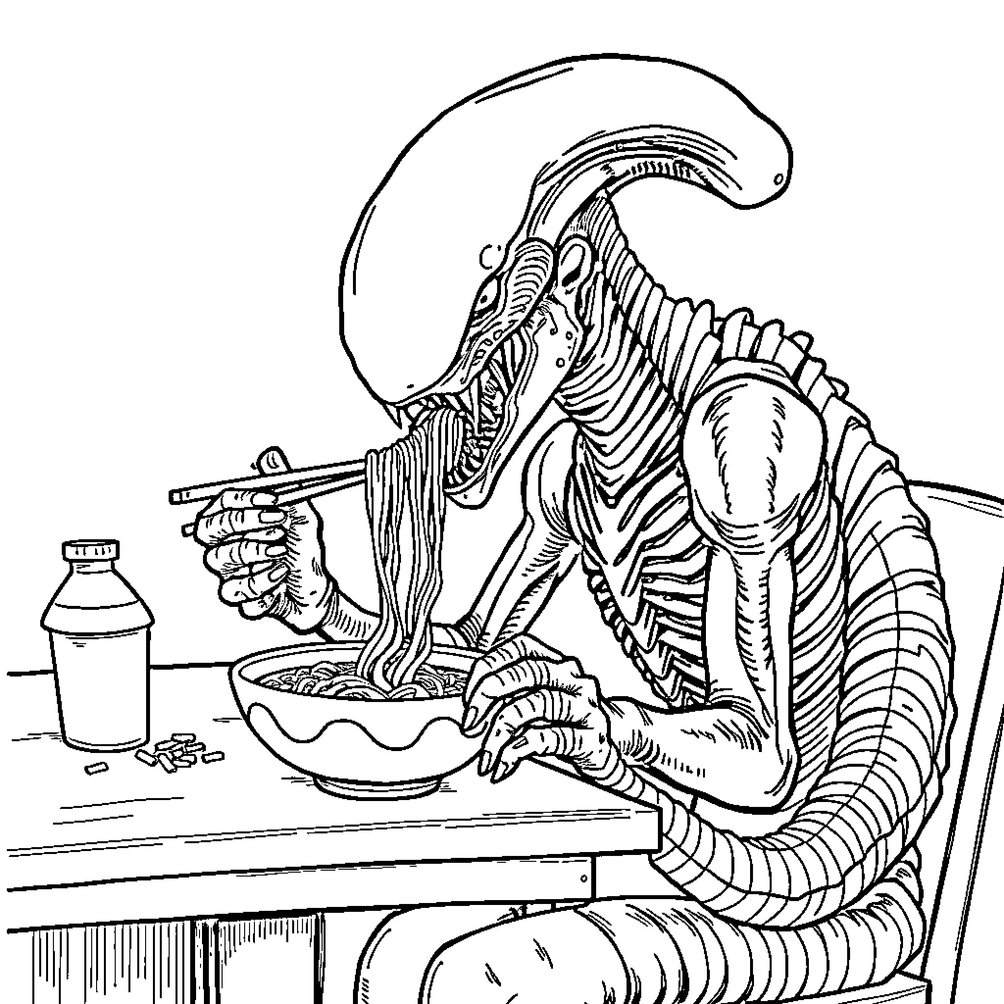 Xenomorph cooking a meal in the kitchen Coloring Page (free black-and-white line drawing printable PDF for all, from beginners to advanced learners, including children, teens, adults, and seniors)