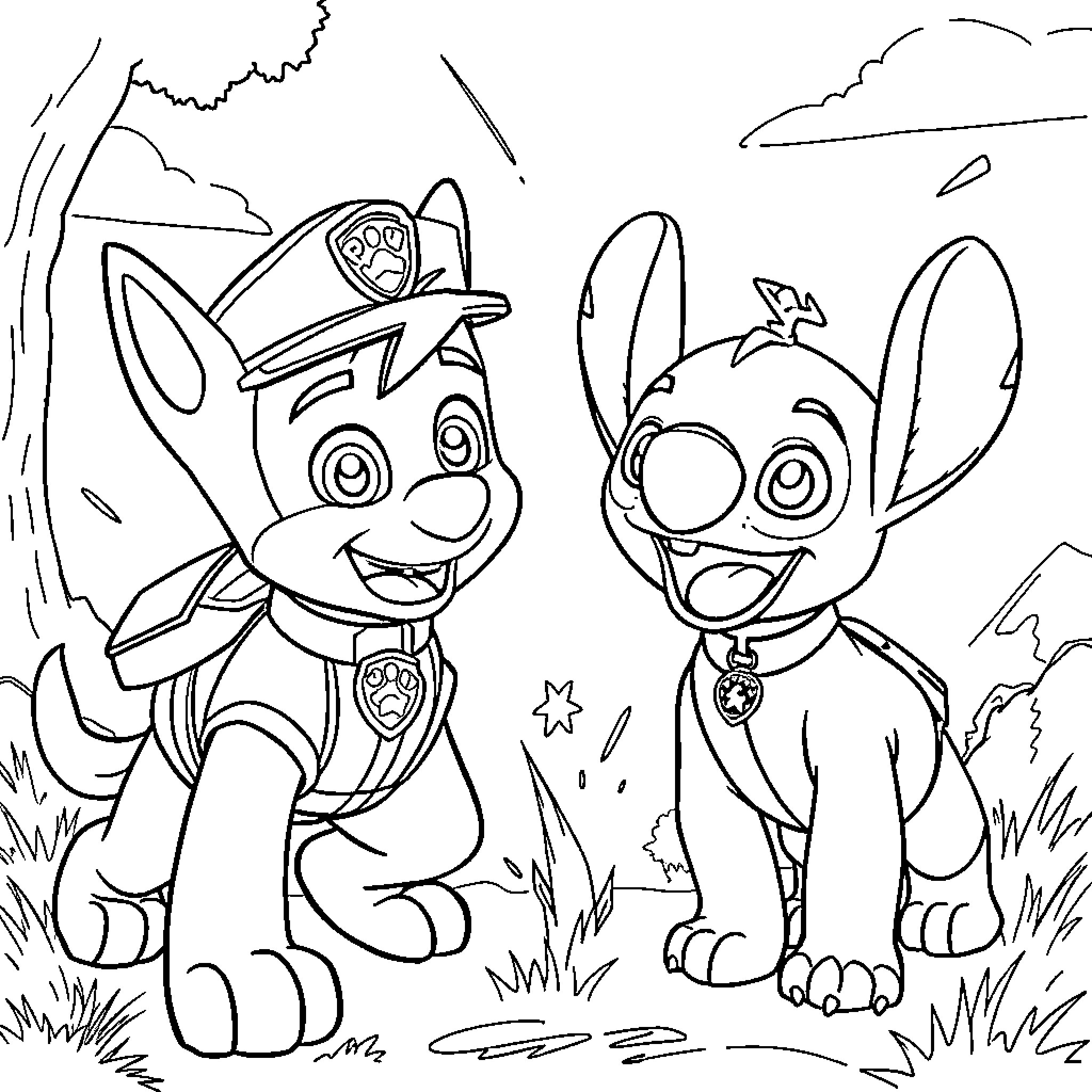 Chase to the rescue with pups in the wild Coloring Page (free black-and-white line drawing printable PDF for all, from beginners to advanced learners, including children, teens, adults, and seniors)