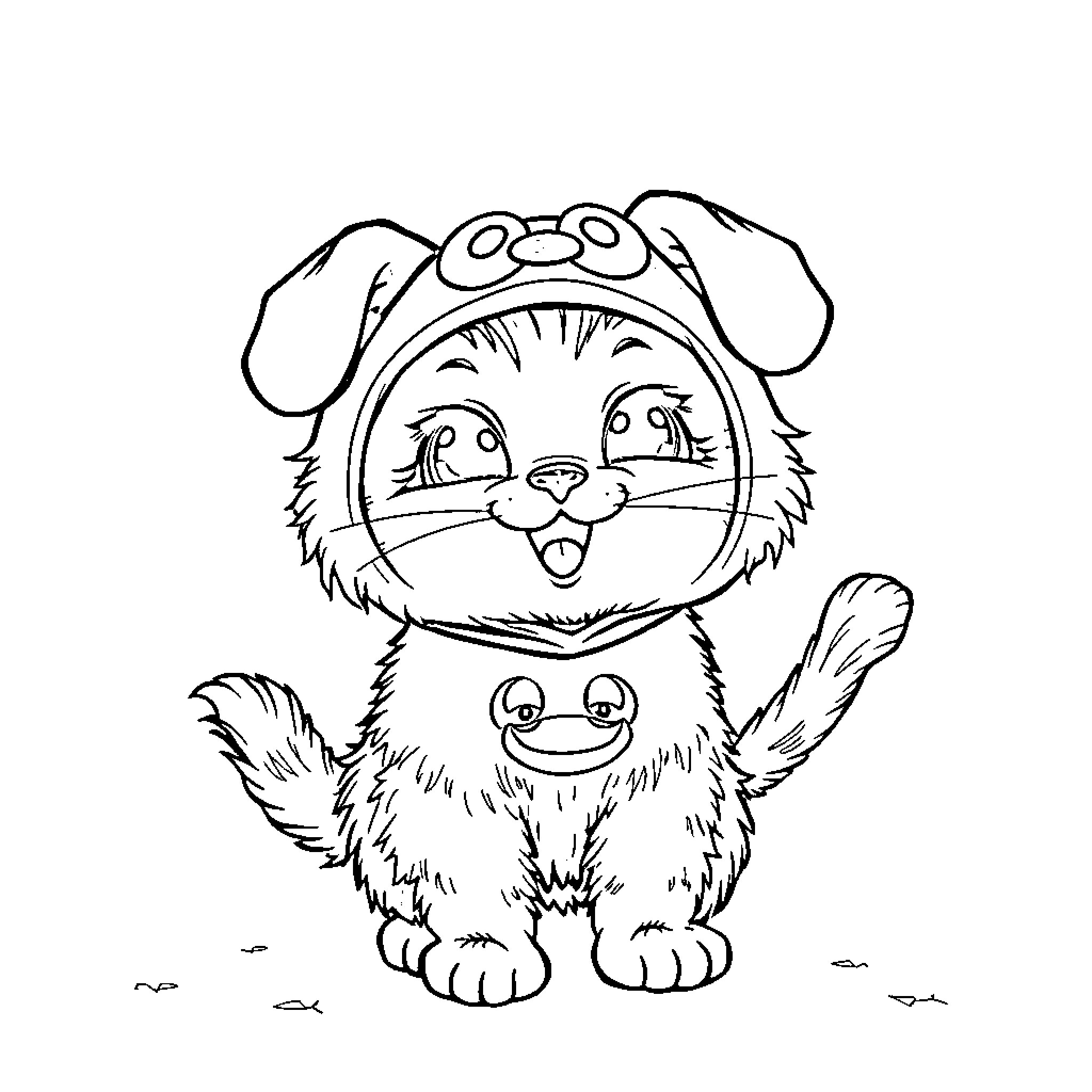 Cat wearing a dog costume Coloring Page (free black-and-white line drawing printable PDF for all, from beginners to advanced learners, including children, teens, adults, and seniors)
