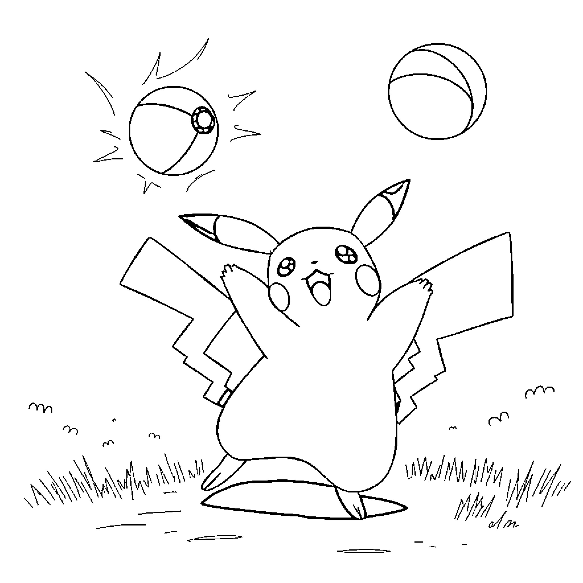 Pikachu playing with balls in the park Coloring Page (free black-and-white line drawing printable PDF for all, from beginners to advanced learners, including children, teens, adults, and seniors)