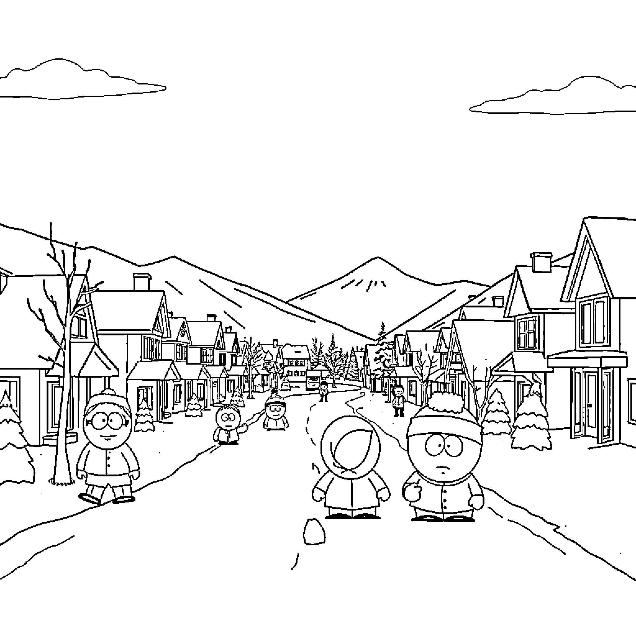 South Park characters exploring a wintry mountain town Coloring Page (free black-and-white line drawing printable PDF for all, from beginners to advanced learners, including children, teens, adults, and seniors)