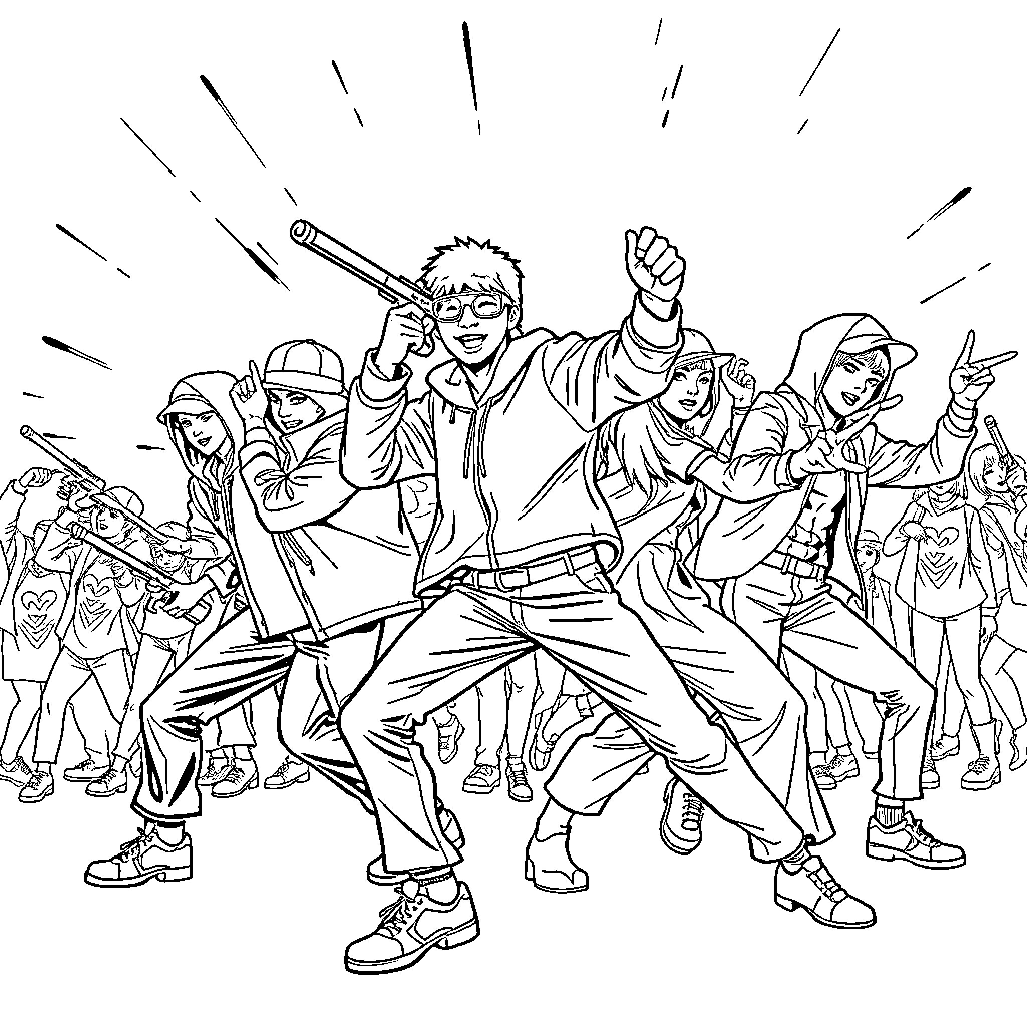 K-pop Hunter: Vibrant Youth Celebration Coloring Page (free black-and-white line drawing printable PDF for all, from beginners to advanced learners, including children, teens, adults, and seniors)