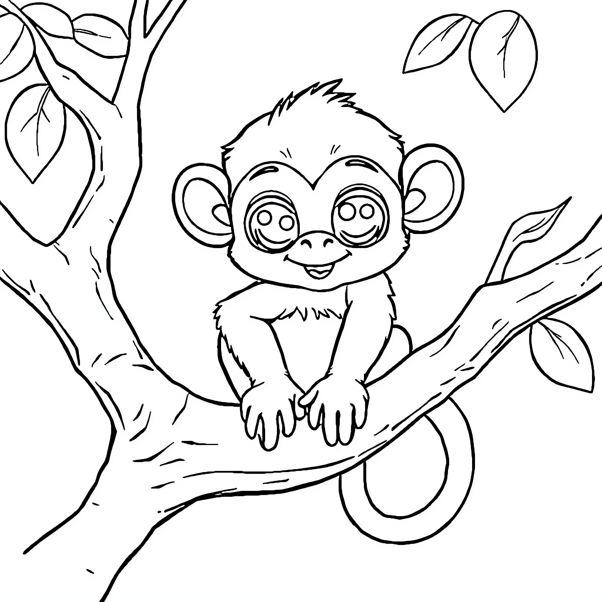 Monkey playing joyfully in the tree Coloring Page (free black-and-white line drawing printable PDF for all, from beginners to advanced learners, including children, teens, adults, and seniors)