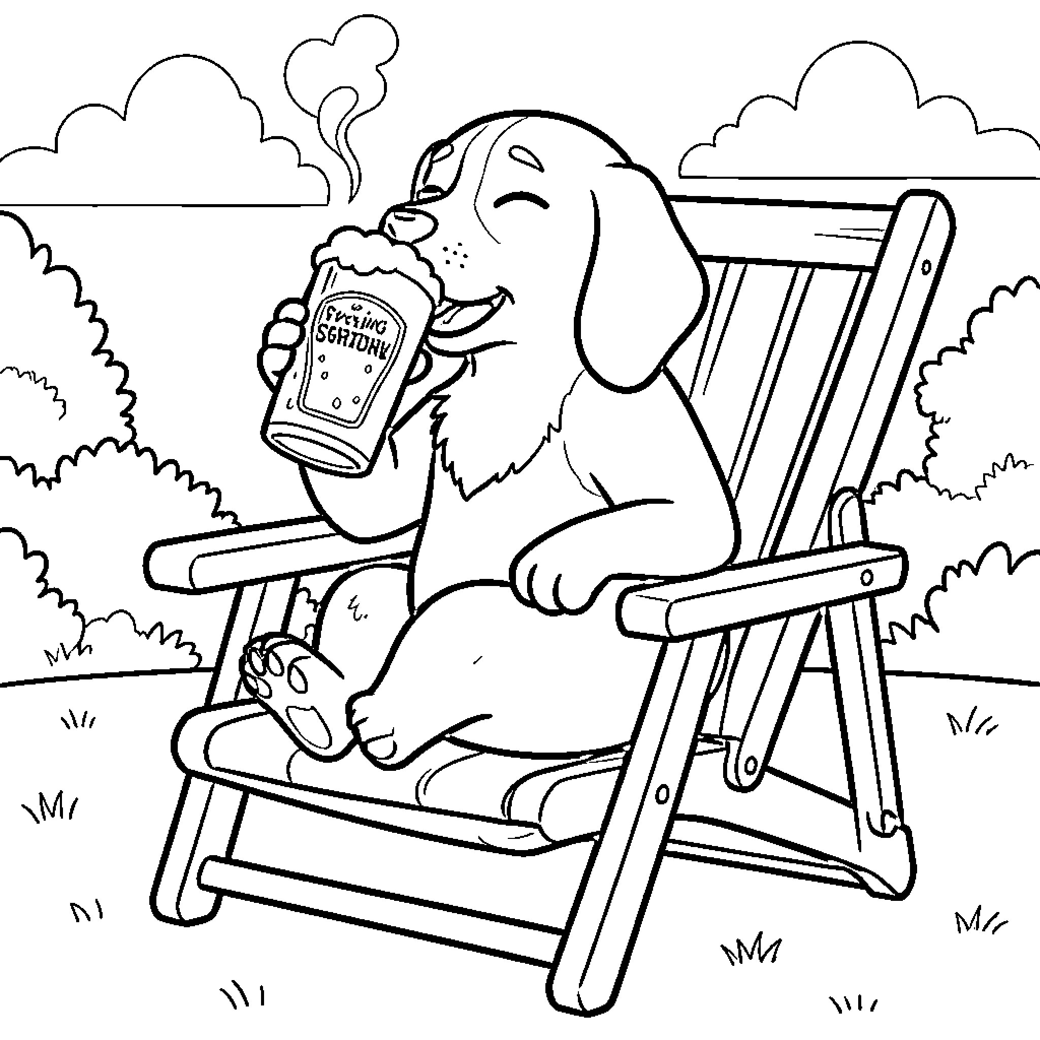 Beagle relaxing in a chair while drinking a beverage Coloring Page (free black-and-white line drawing printable PDF for all, from beginners to advanced learners, including children, teens, adults, and seniors)