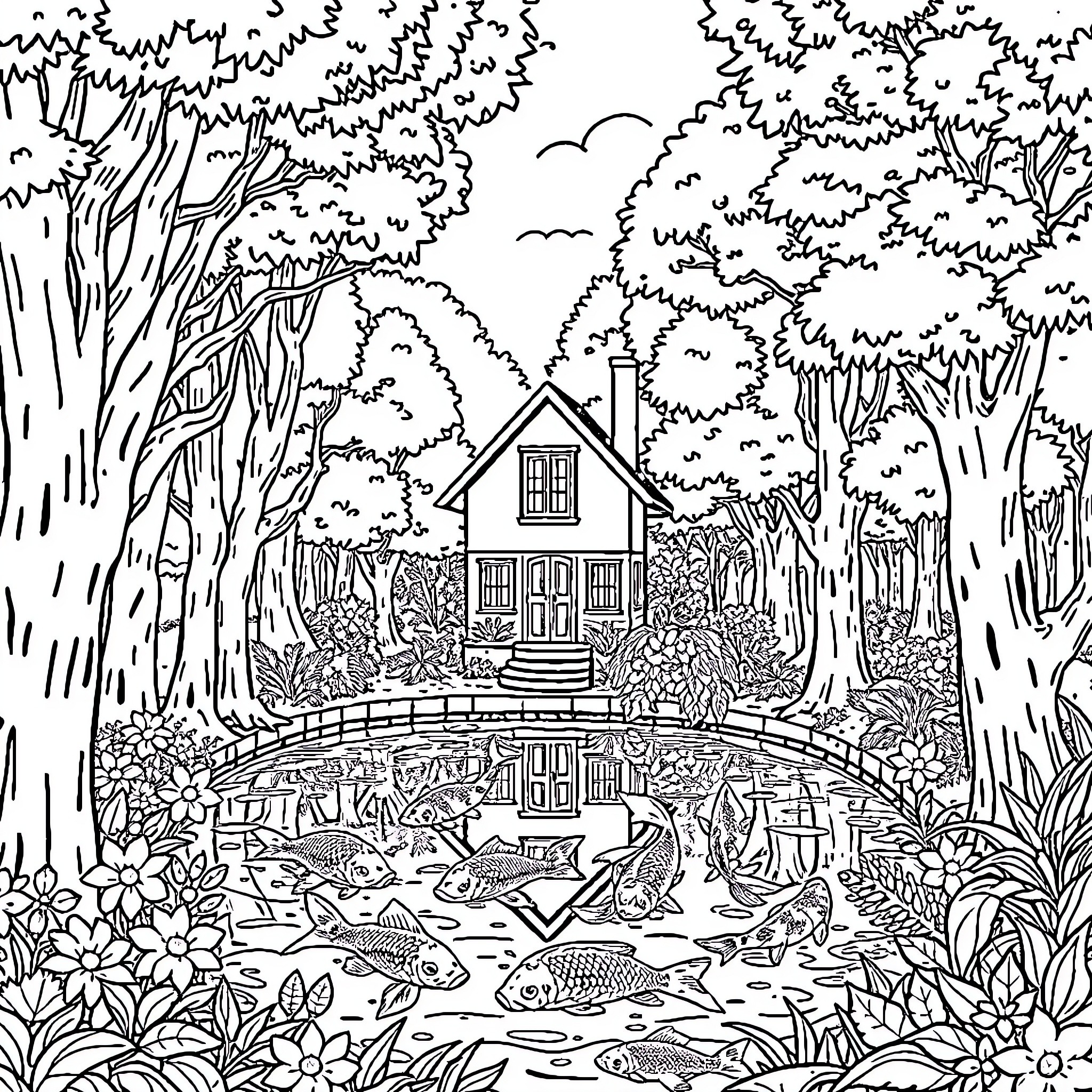 Forest Cottage by the Serene Pond Coloring Page (free black-and-white line drawing printable PDF for all, from beginners to advanced learners, including children, teens, adults, and seniors)