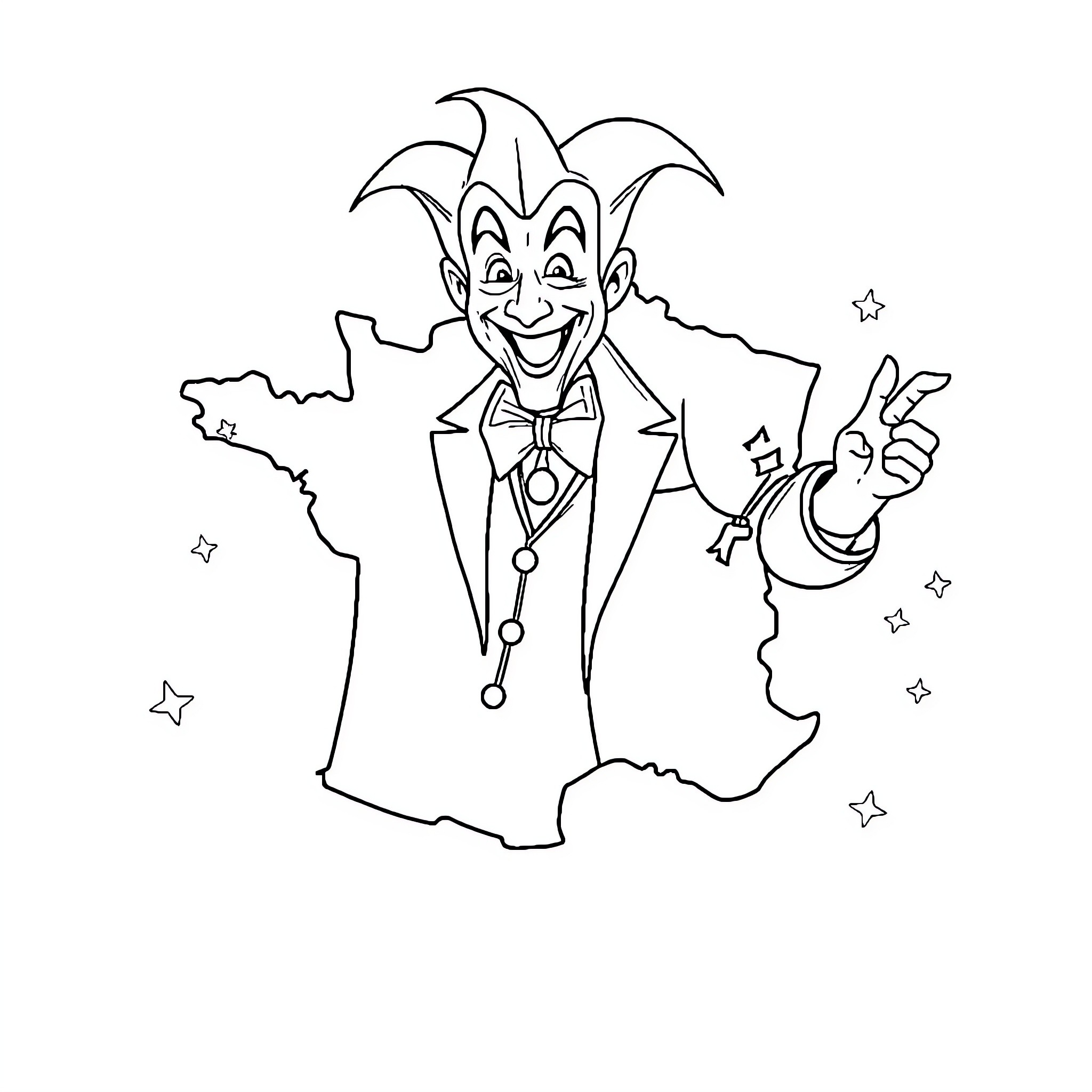 Joker's Mischievous Antics Coloring Page (free black-and-white line drawing printable PDF for all, from beginners to advanced learners, including children, teens, adults, and seniors)