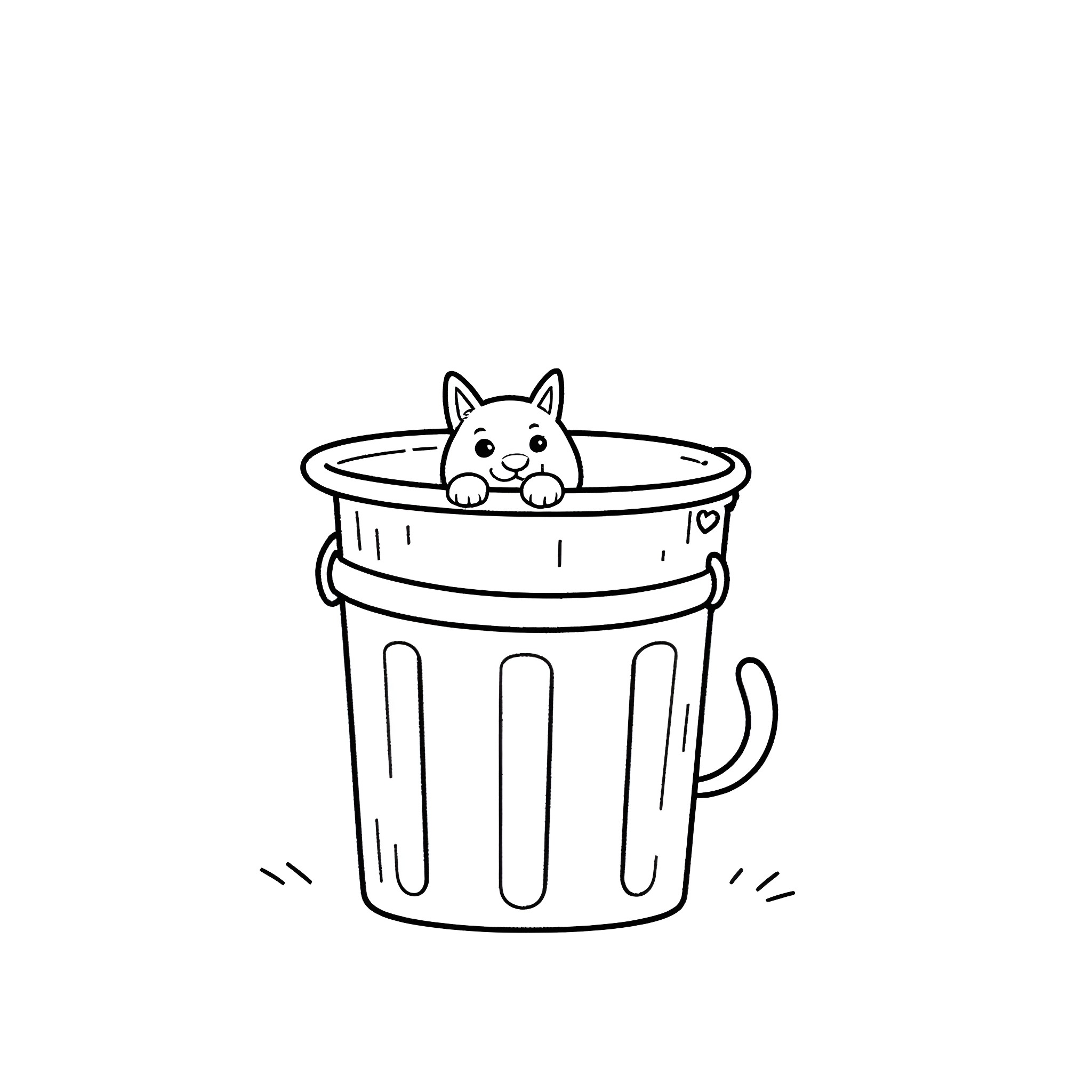 Cat peeking out from trash can Coloring Page (free black-and-white line drawing printable PDF for all, from beginners to advanced learners, including children, teens, adults, and seniors)