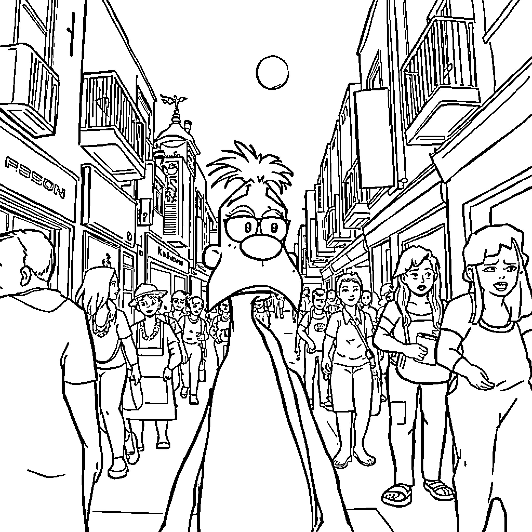 Atlas Explores a Bustling Street Scene Coloring Page (free black-and-white line drawing printable PDF for all, from beginners to advanced learners, including children, teens, adults, and seniors)
