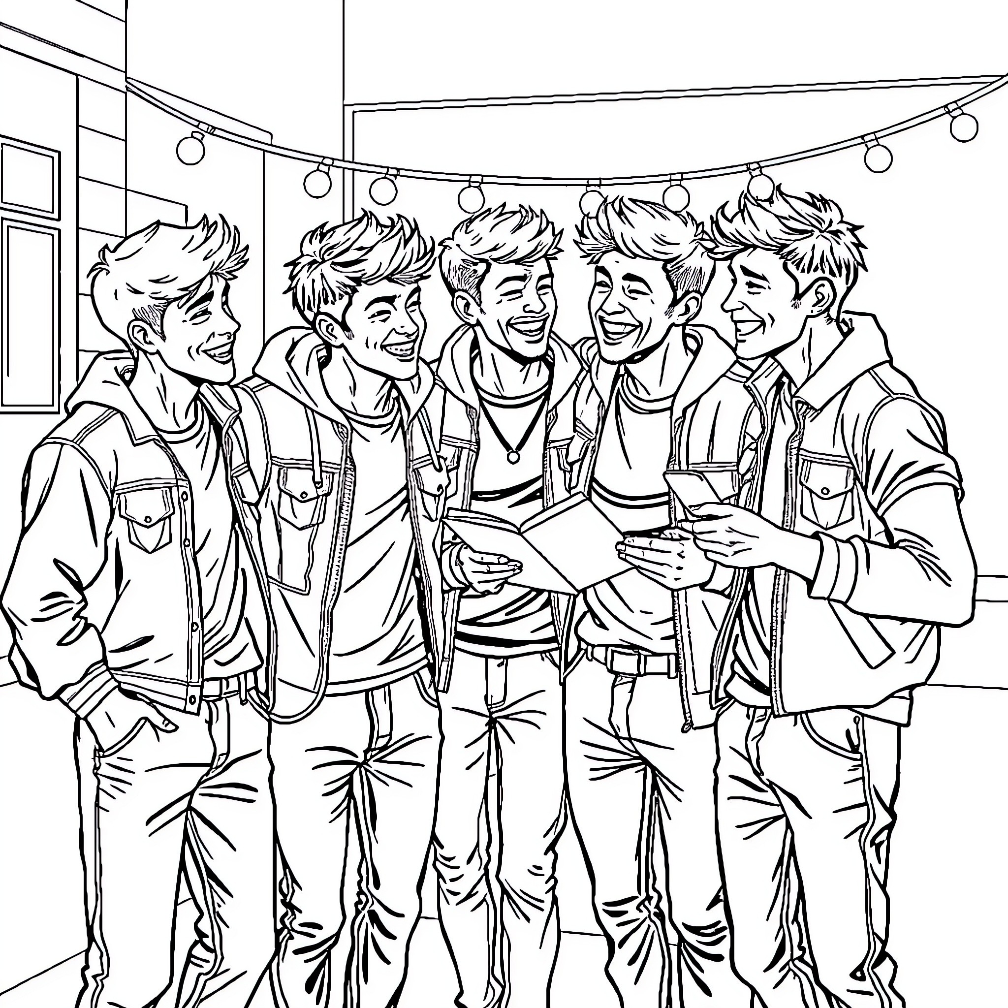 Soja: Group of friends posing for a photo Coloring Page (free black-and-white line drawing printable PDF for all, from beginners to advanced learners, including children, teens, adults, and seniors)