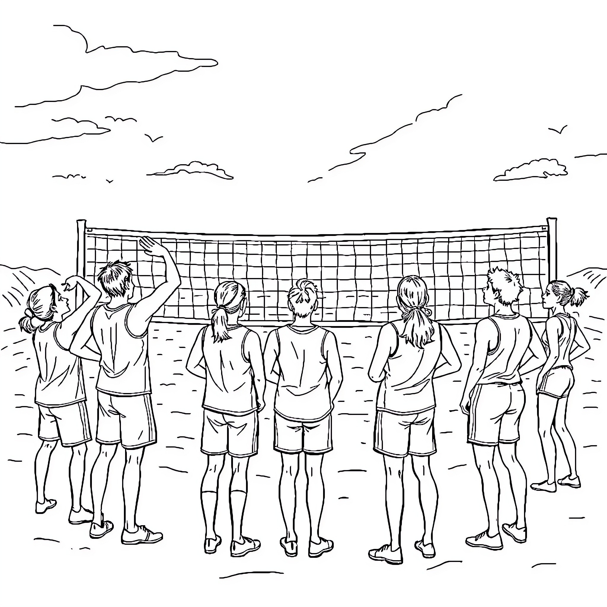 Players competing in a beach volleyball match Coloring Page (free black-and-white line drawing printable PDF for all, from beginners to advanced learners, including children, teens, adults, and seniors)