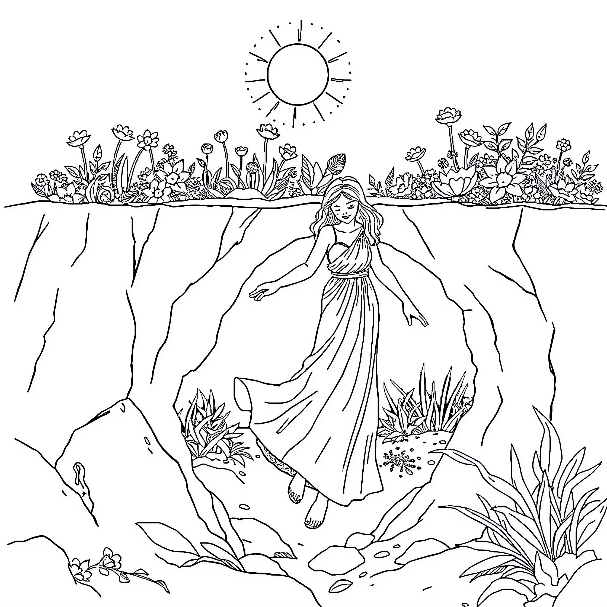 Persephone dancing gracefully in the underworld garden Coloring Page (free black-and-white line drawing printable PDF for all, from beginners to advanced learners, including children, teens, adults, and seniors)