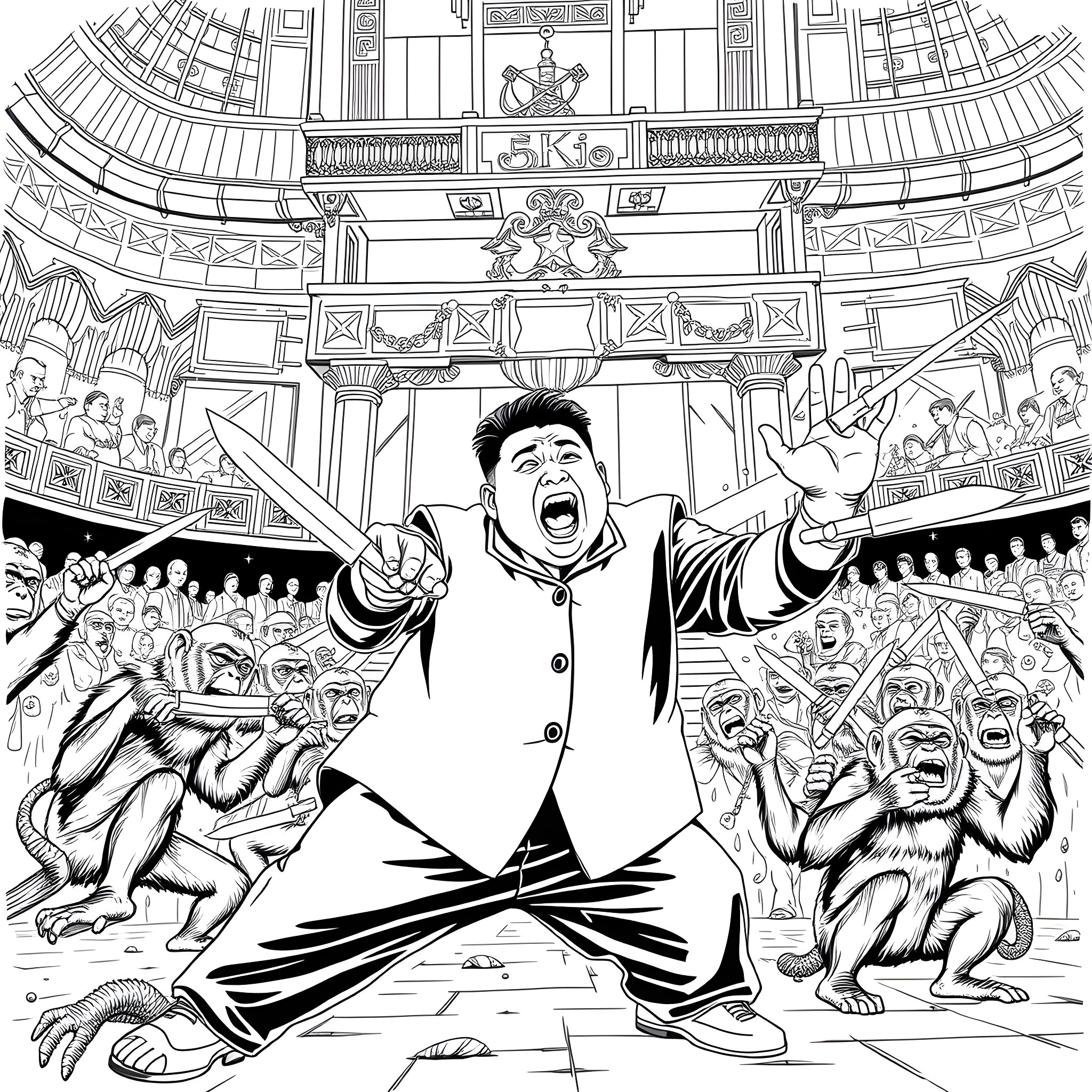 Dentist Performing Theatrical Performance in an Auditorium Coloring Page (free black-and-white line drawing printable PDF for all, from beginners to advanced learners, including children, teens, adults, and seniors)