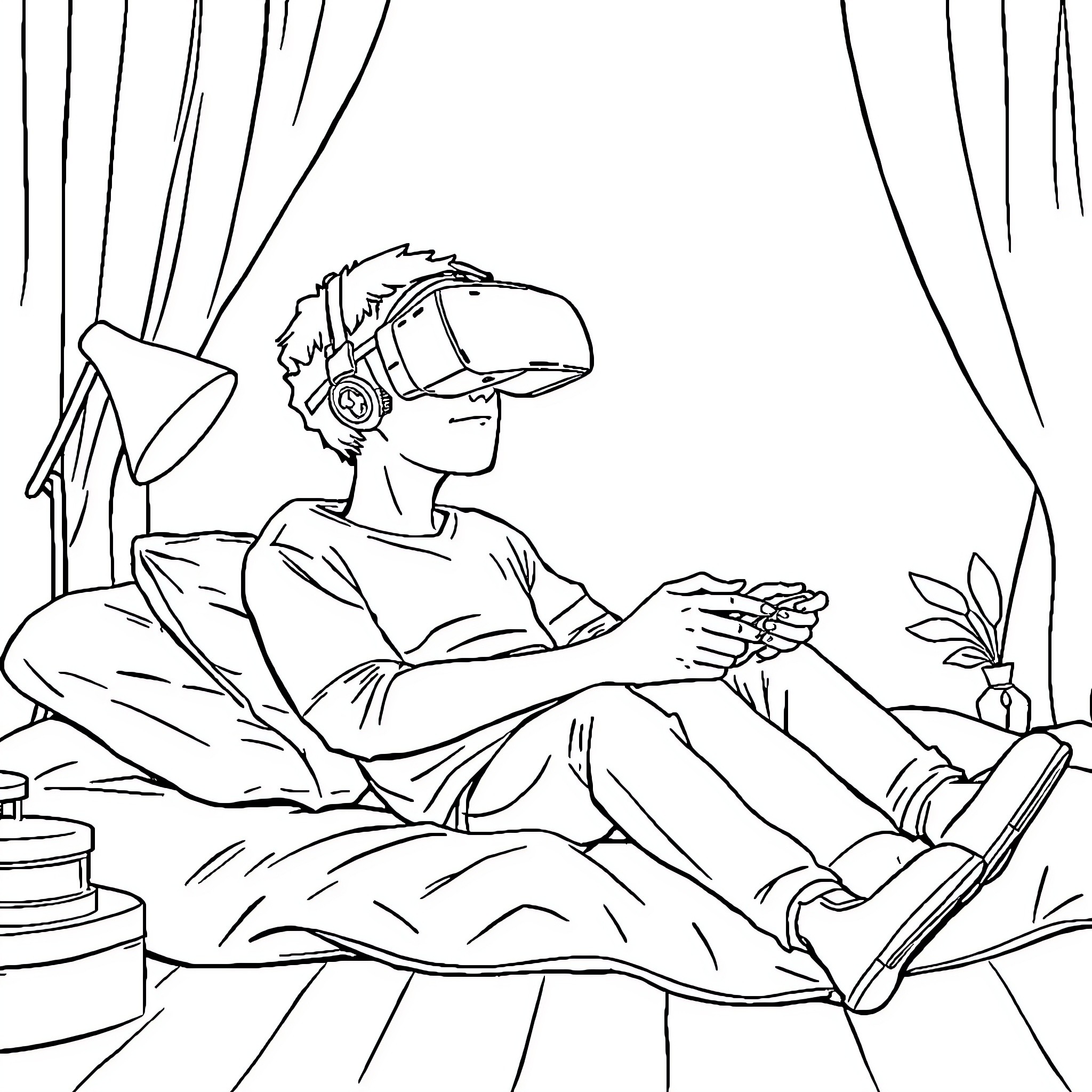 Boy Exploring Virtual Reality in Cozy Room Coloring Page (free black-and-white line drawing printable PDF for all, from beginners to advanced learners, including children, teens, adults, and seniors)