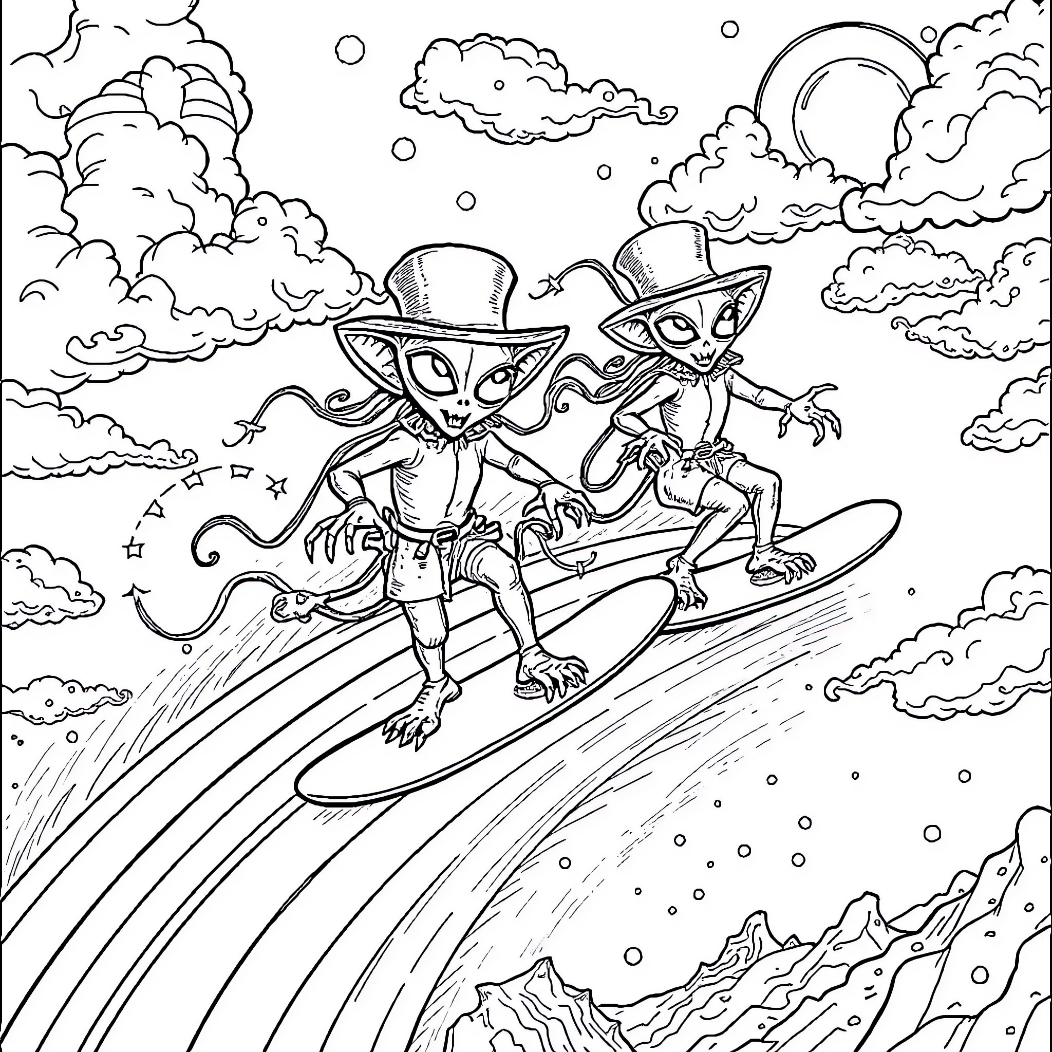 Alien Surfers Riding a Cosmic Wave Coloring Page (free black-and-white line drawing printable PDF for all, from beginners to advanced learners, including children, teens, adults, and seniors)