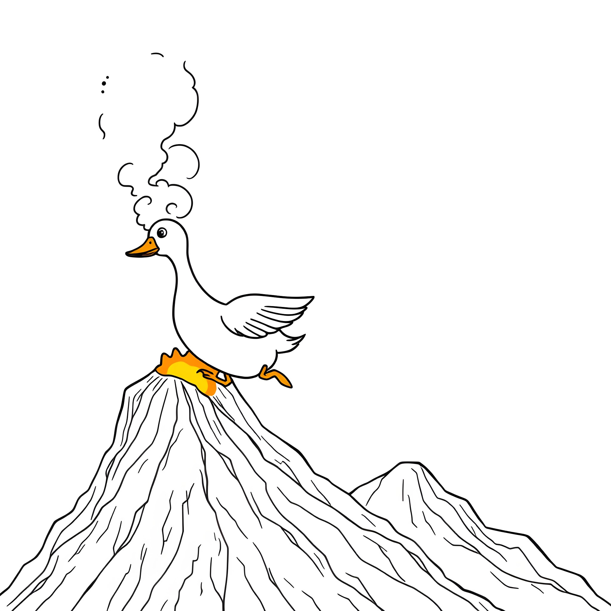 Duck stomping on a mountain with smoke Coloring Page (free black-and-white line drawing printable PDF for all, from beginners to advanced learners, including children, teens, adults, and seniors)