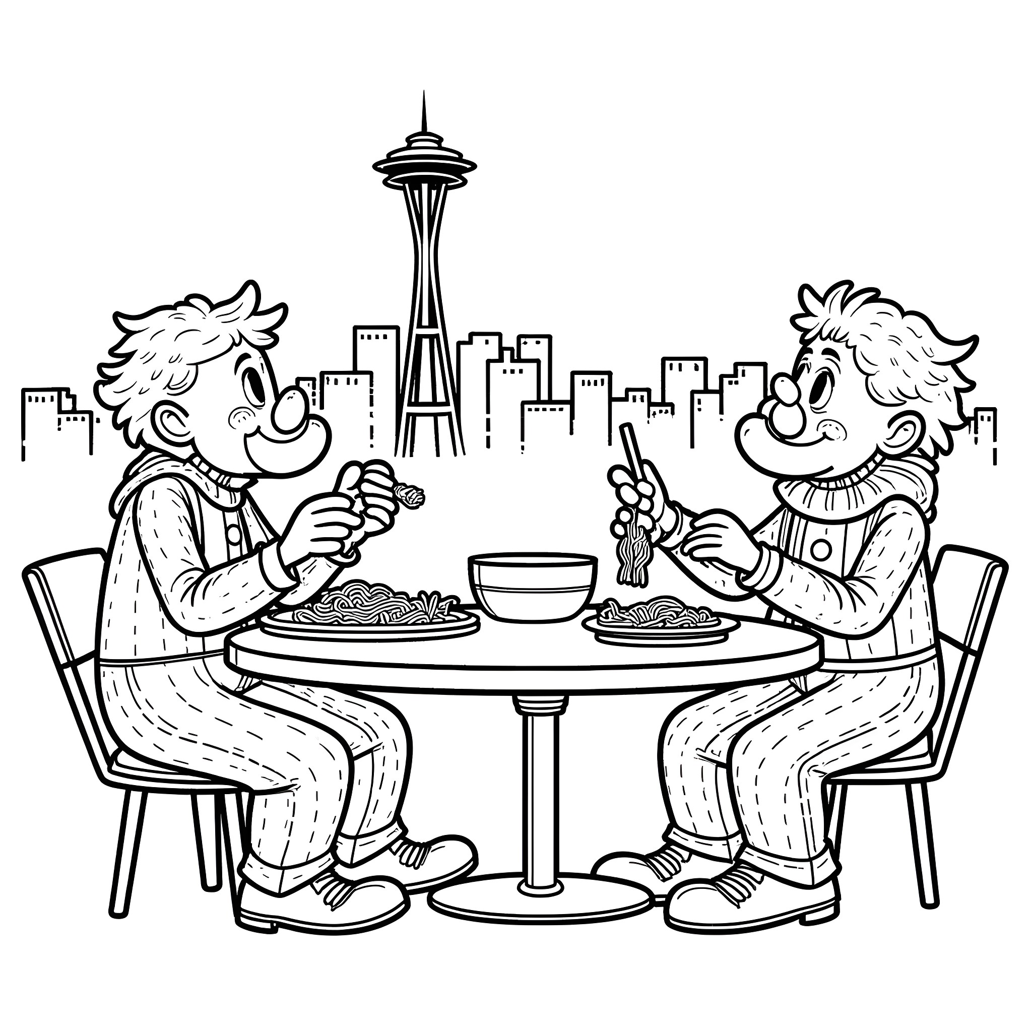 Clowns enjoying spaghetti dinner in the city Coloring Page (free black-and-white line drawing printable PDF for all, from beginners to advanced learners, including children, teens, adults, and seniors)