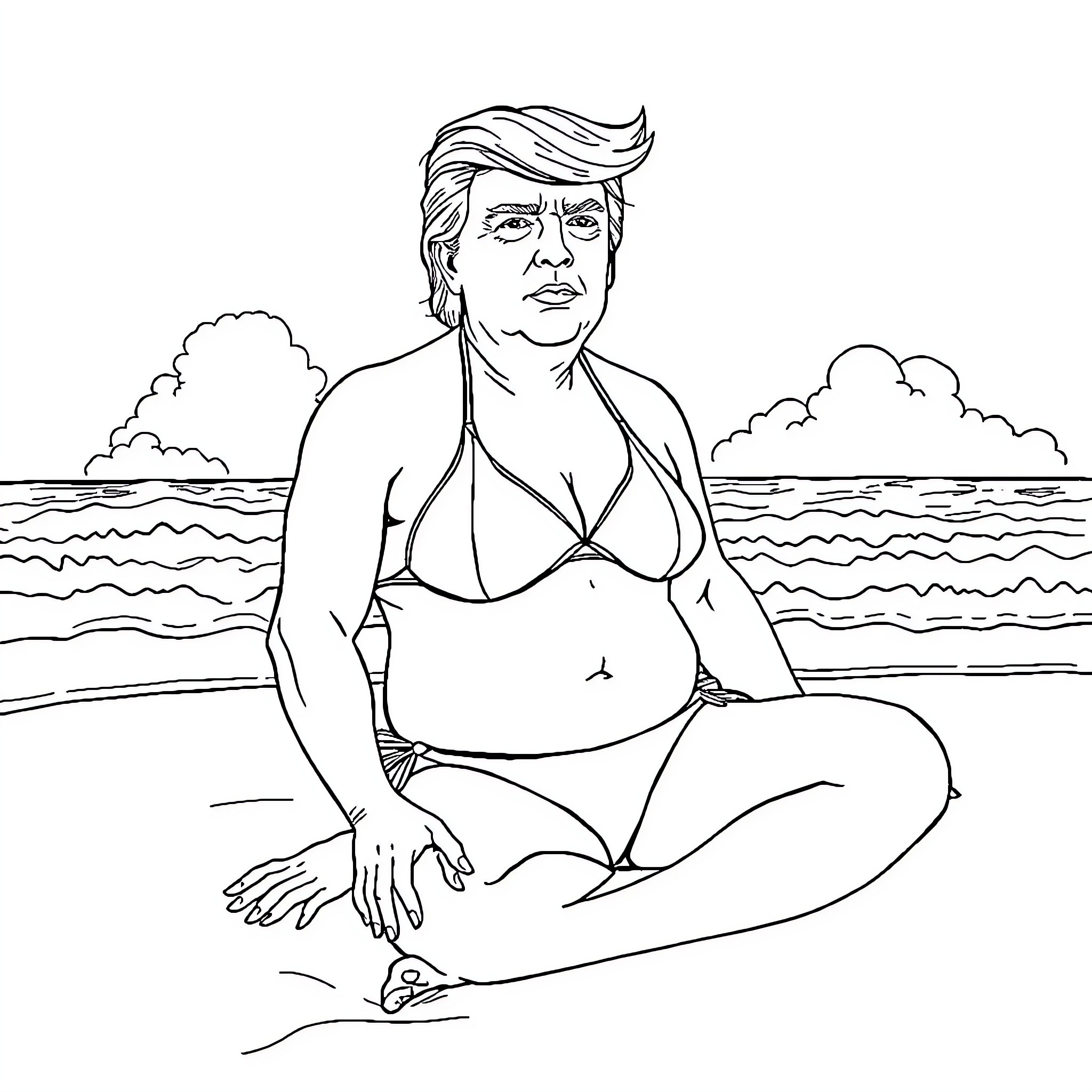 Trump relaxing on the beach in casual attire Coloring Page (free black-and-white line drawing printable PDF for all, from beginners to advanced learners, including children, teens, adults, and seniors)