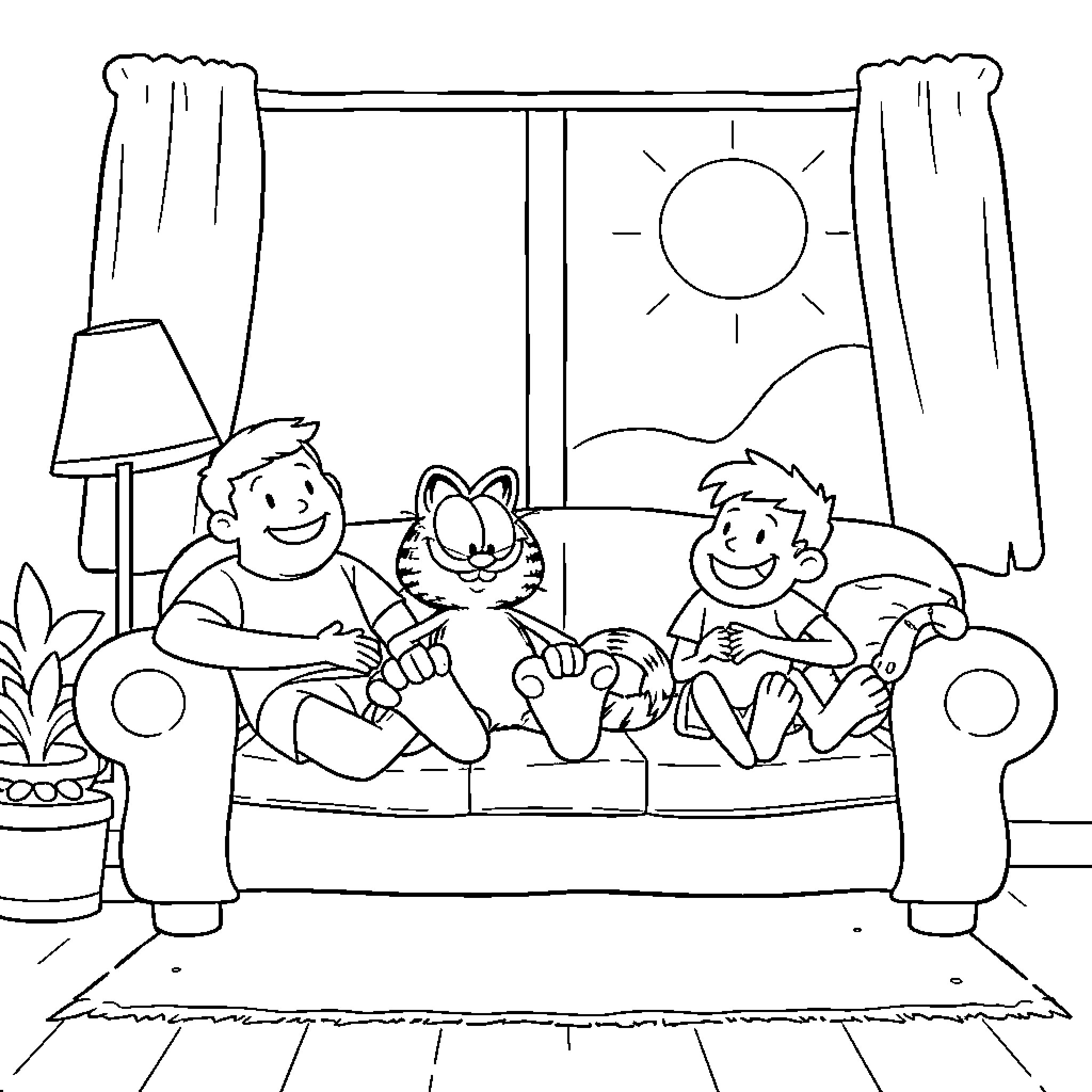 Garfield relaxing with friends on the couch Coloring Page (free black-and-white line drawing printable PDF for all, from beginners to advanced learners, including children, teens, adults, and seniors)