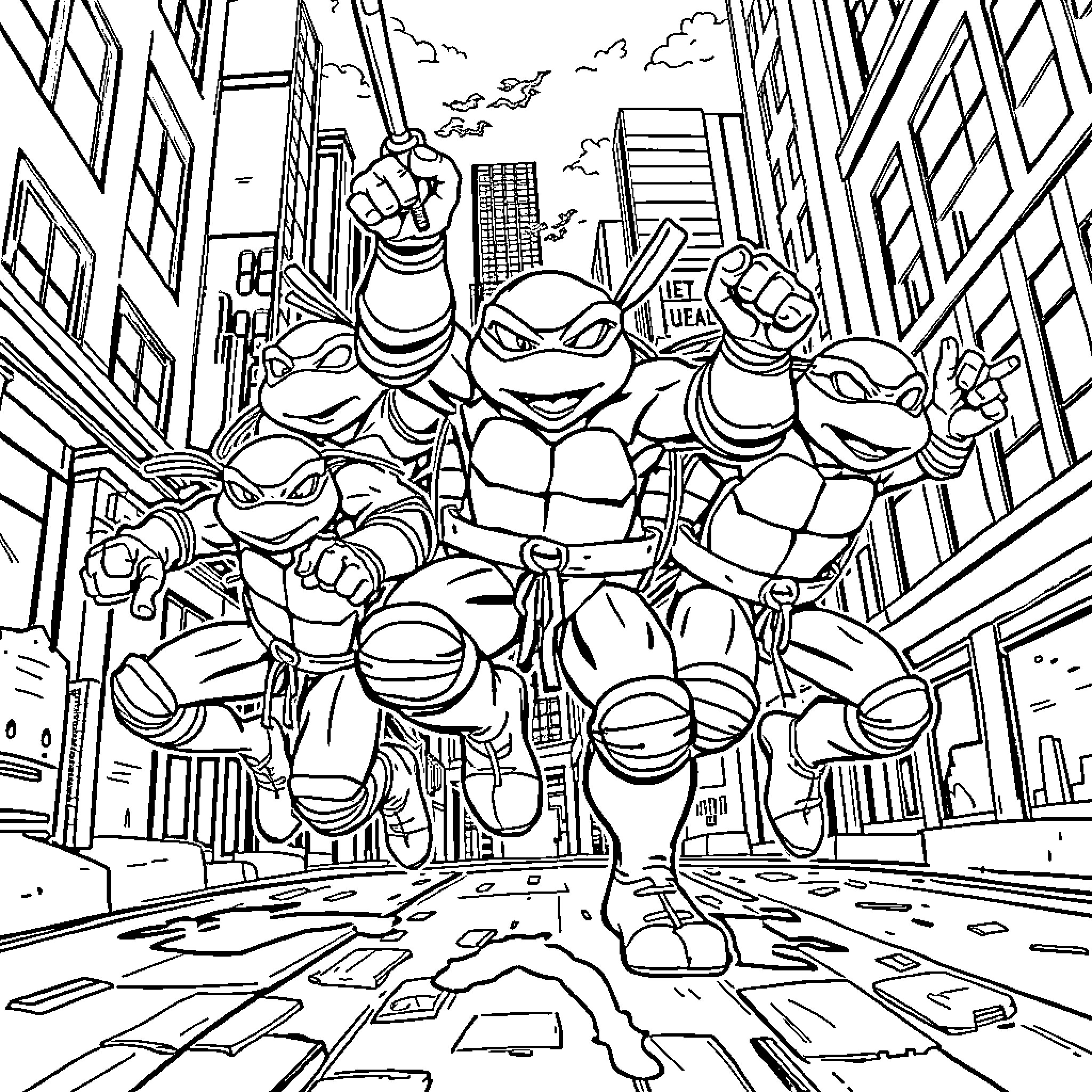 Ninja Turtle heroes fighting in the city Coloring Page (free black-and-white line drawing printable PDF for all, from beginners to advanced learners, including children, teens, adults, and seniors)