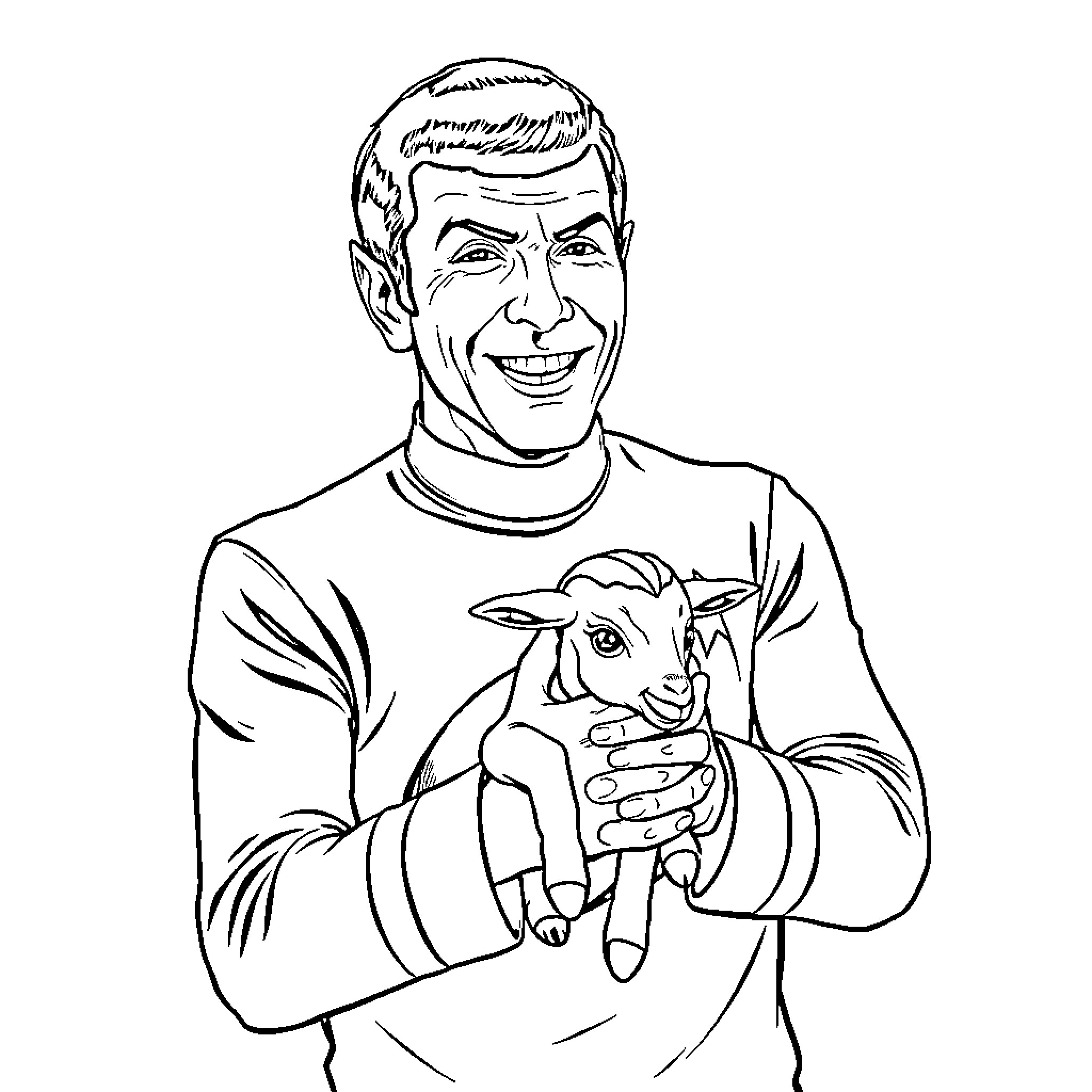 Spock smiling and holding a pet animal Coloring Page (free black-and-white line drawing printable PDF for all, from beginners to advanced learners, including children, teens, adults, and seniors)