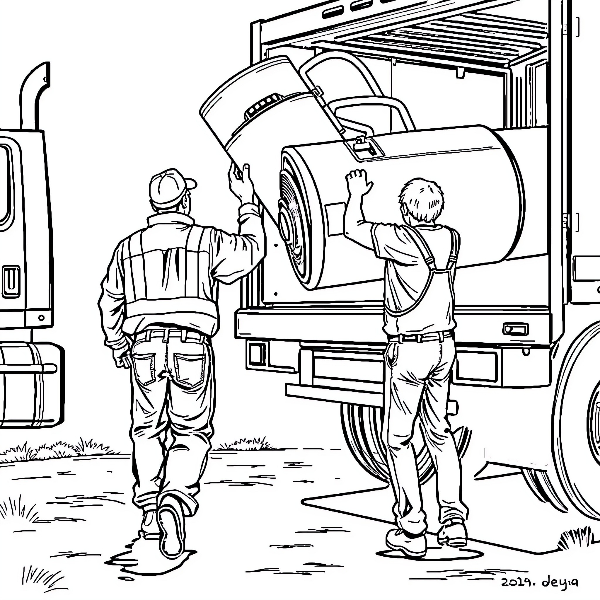 Man working on vehicle with another man assisting Coloring Page (free black-and-white line drawing printable PDF for all, from beginners to advanced learners, including children, teens, adults, and seniors)