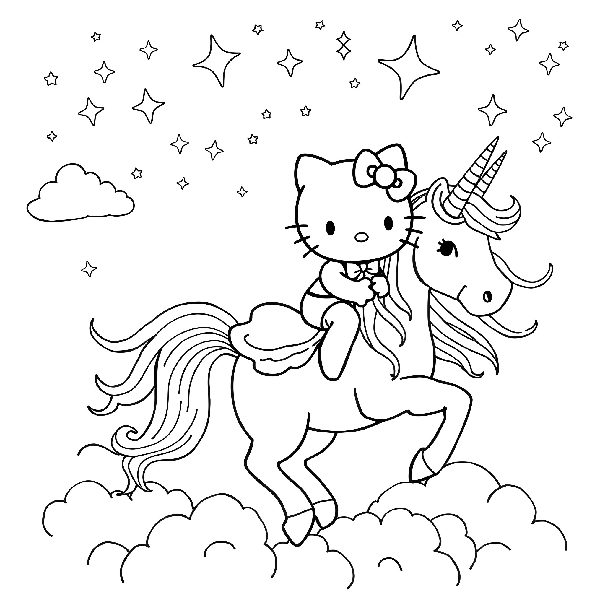 Hello Kitty riding a magical unicorn in the starry sky Coloring Page (free black-and-white line drawing printable PDF for all, from beginners to advanced learners, including children, teens, adults, and seniors)