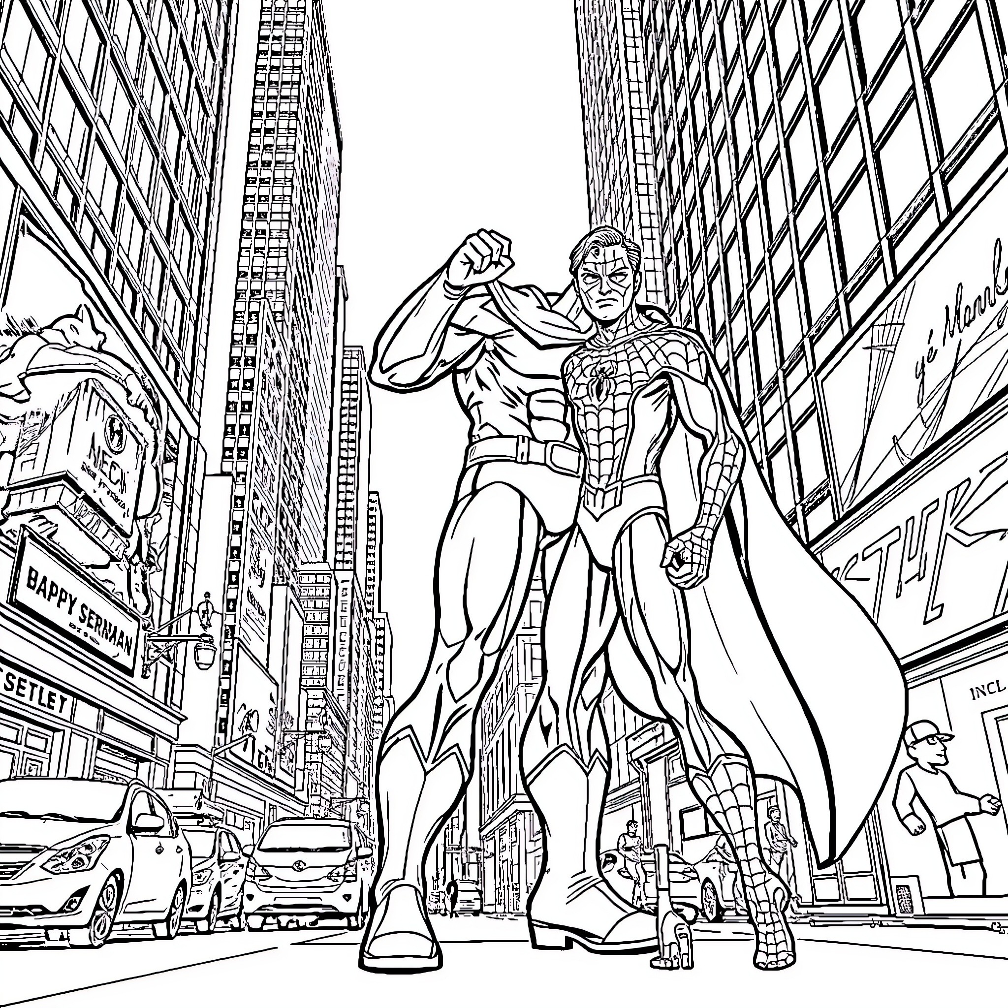 Superman saving the city from danger Coloring Page (free black-and-white line drawing printable PDF for all, from beginners to advanced learners, including children, teens, adults, and seniors)