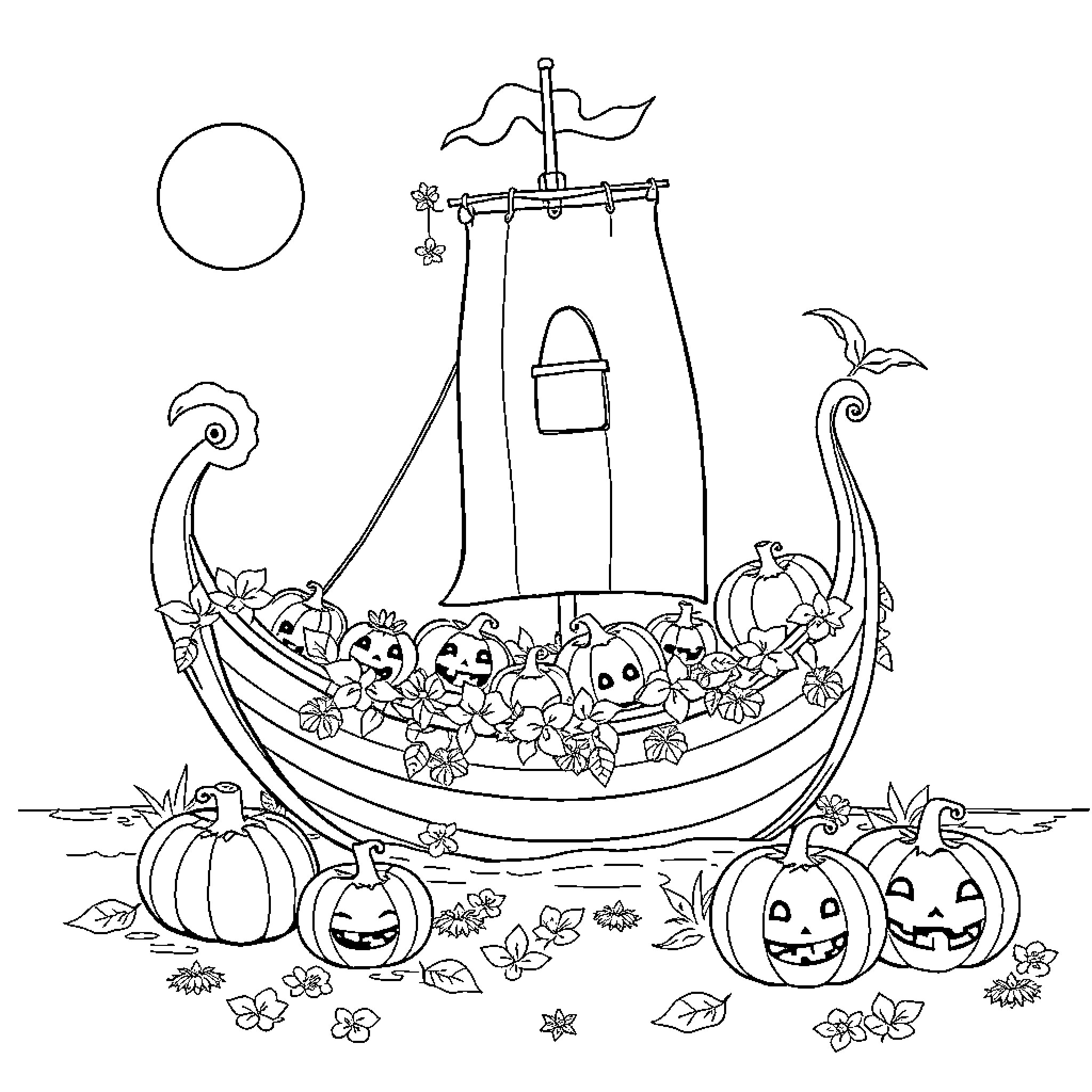 Spaceship with Halloween decorations and pumpkins Coloring Page (free black-and-white line drawing printable PDF for all, from beginners to advanced learners, including children, teens, adults, and seniors)