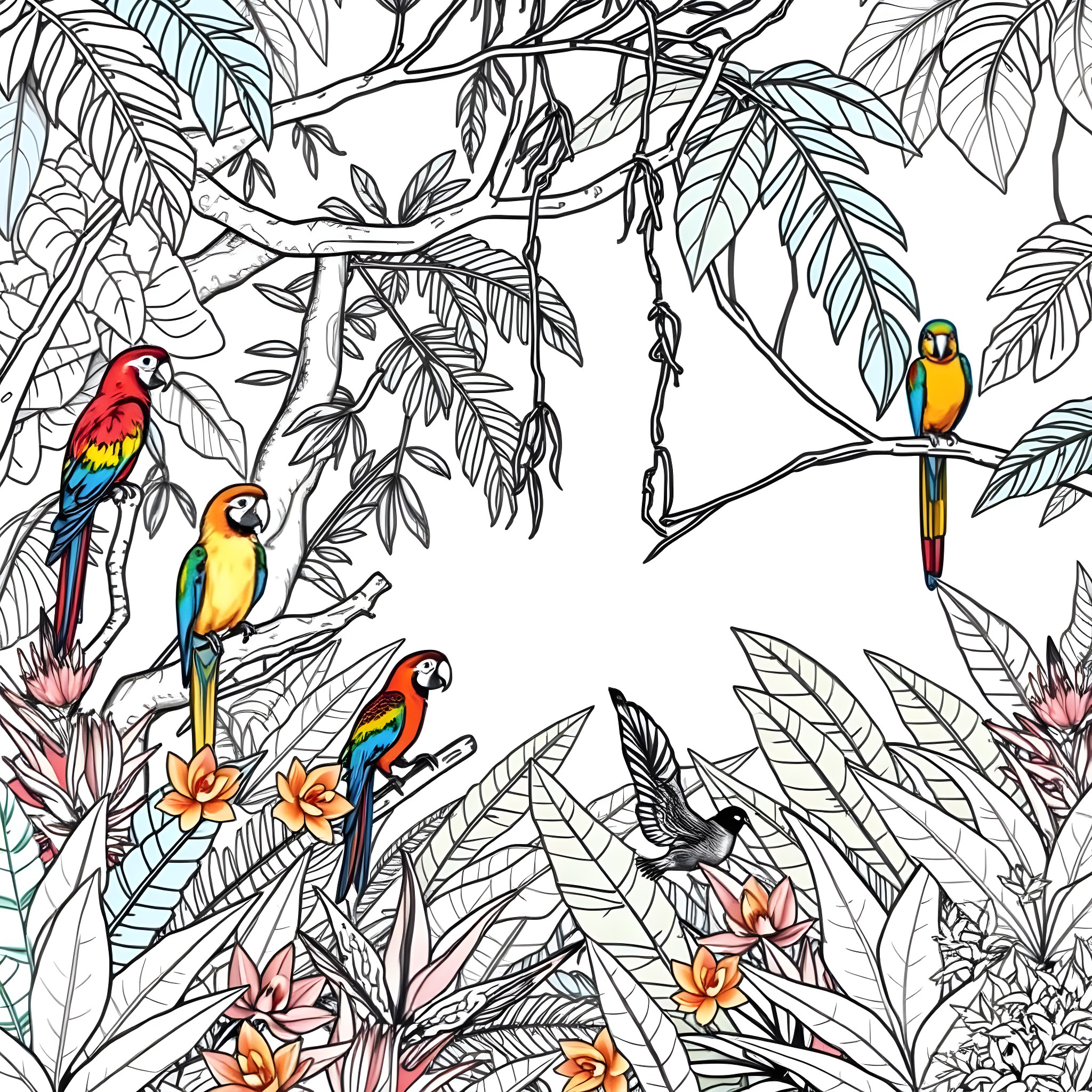 Jungle Filled with Vibrant Parrots and Lush Foliage Coloring Page (free black-and-white line drawing printable PDF for all, from beginners to advanced learners, including children, teens, adults, and seniors)