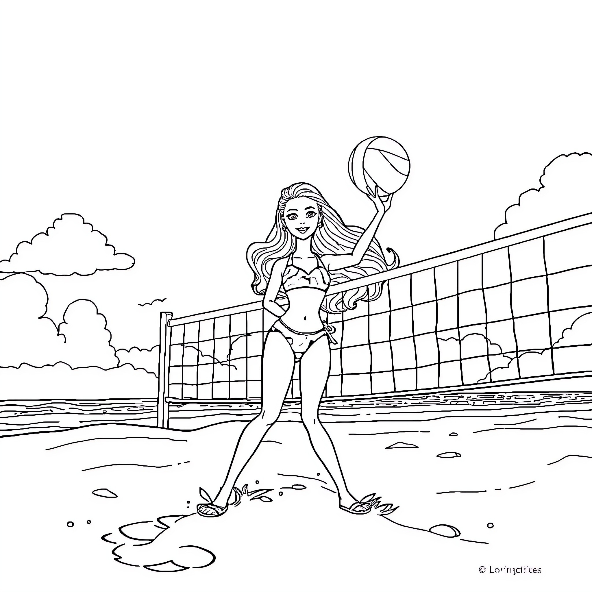Barbie playing beach volleyball on the sand Coloring Page (free black-and-white line drawing printable PDF for all, from beginners to advanced learners, including children, teens, adults, and seniors)
