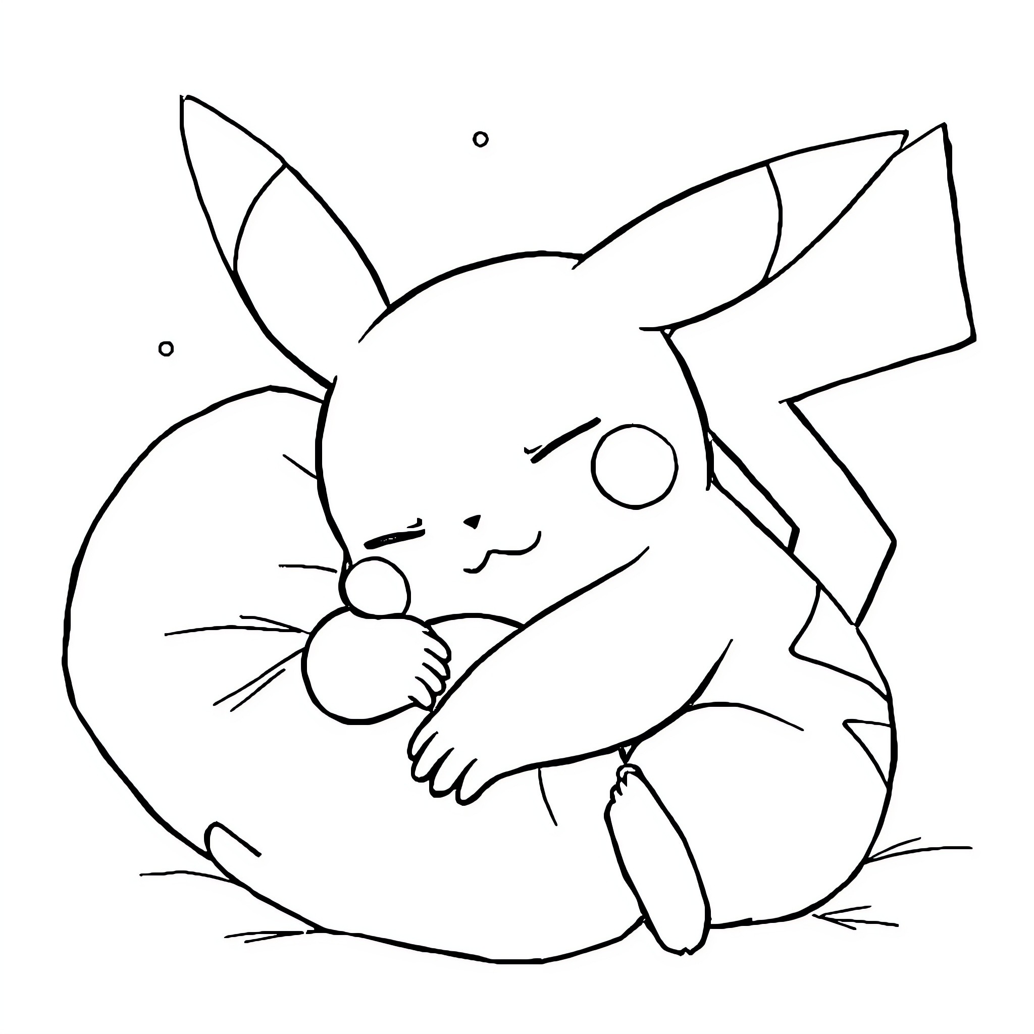 Pikachu relaxing peacefully Coloring Page (free black-and-white line drawing printable PDF for all, from beginners to advanced learners, including children, teens, adults, and seniors)