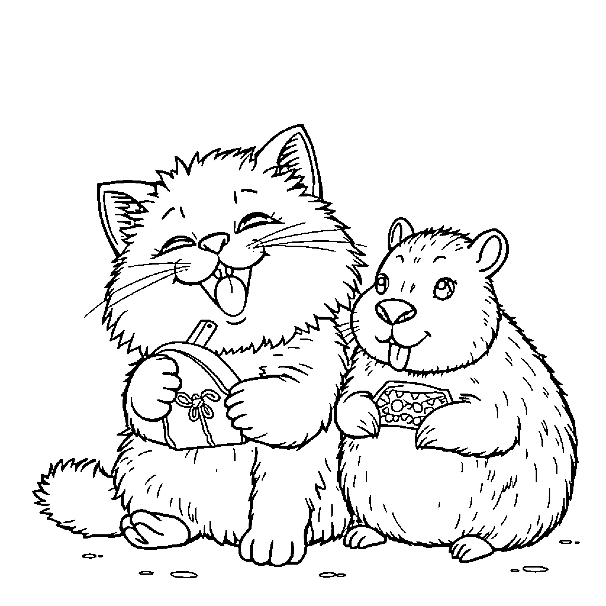 Cat and Hamster Engaging in Playful Interaction Coloring Page (free black-and-white line drawing printable PDF for all, from beginners to advanced learners, including children, teens, adults, and seniors)